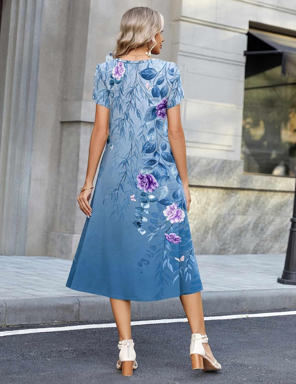 image:imageZeagoo Womens Casual Summer Dress 2026 Petal Short Sleeve Dresses with Pleats Midi A Line Flowy Dress Boho SundressBlue Printed 01
