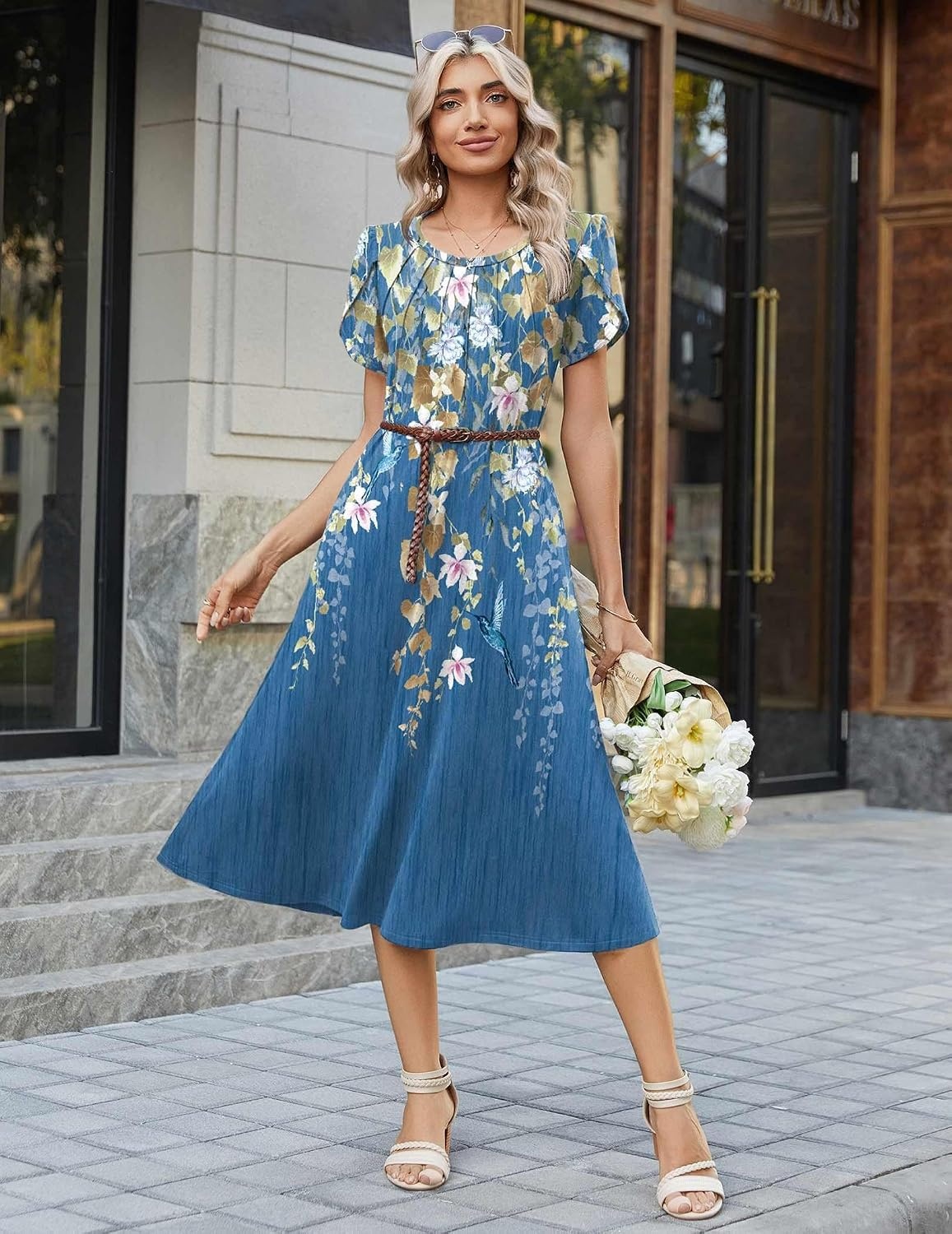 image:imageZeagoo Womens Casual Summer Dress 2026 Petal Short Sleeve Dresses with Pleats Midi A Line Flowy Dress Boho SundressBlue Printed 02