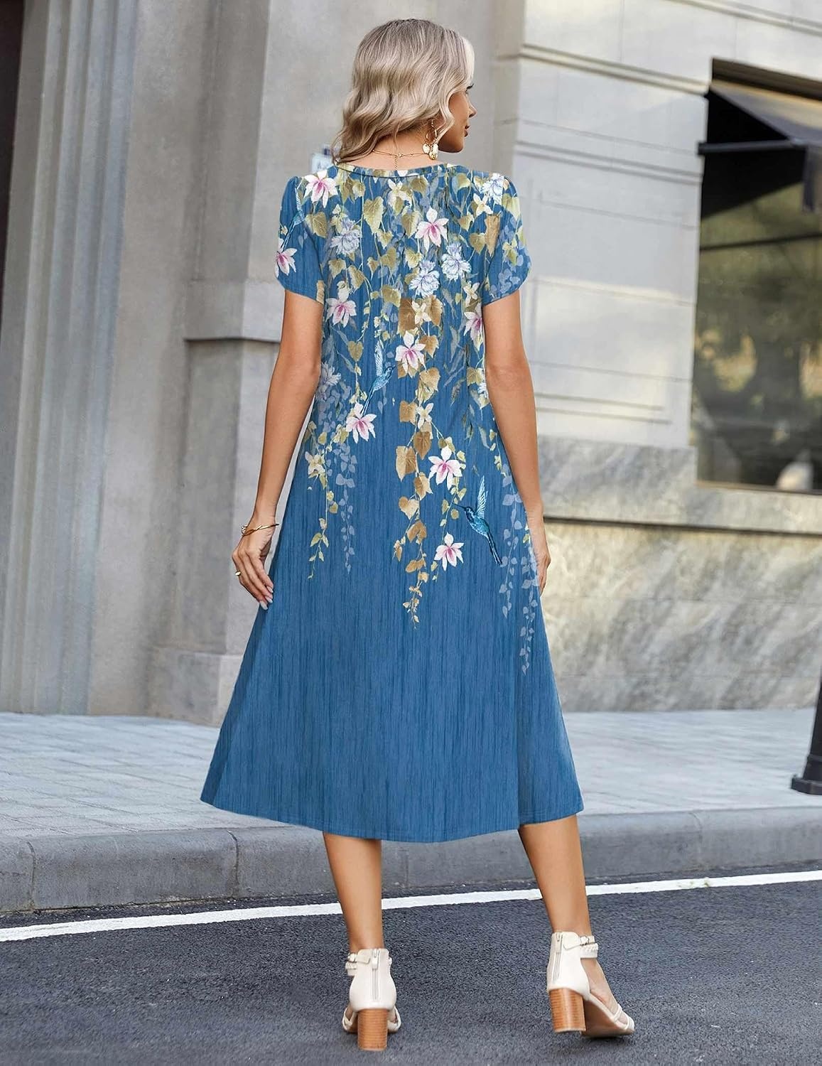 image:imageZeagoo Womens Casual Summer Dress 2026 Petal Short Sleeve Dresses with Pleats Midi A Line Flowy Dress Boho SundressBlue Printed 02