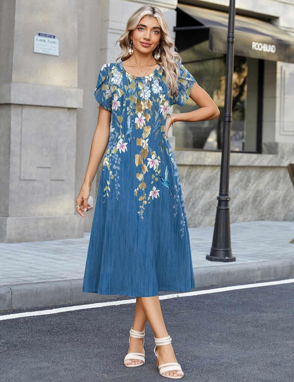 image:imageZeagoo Womens Casual Summer Dress 2026 Petal Short Sleeve Dresses with Pleats Midi A Line Flowy Dress Boho SundressBlue Printed 02