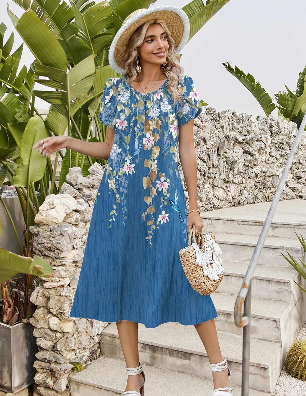 image:imageZeagoo Womens Casual Summer Dress 2026 Petal Short Sleeve Dresses with Pleats Midi A Line Flowy Dress Boho SundressBlue Printed 02