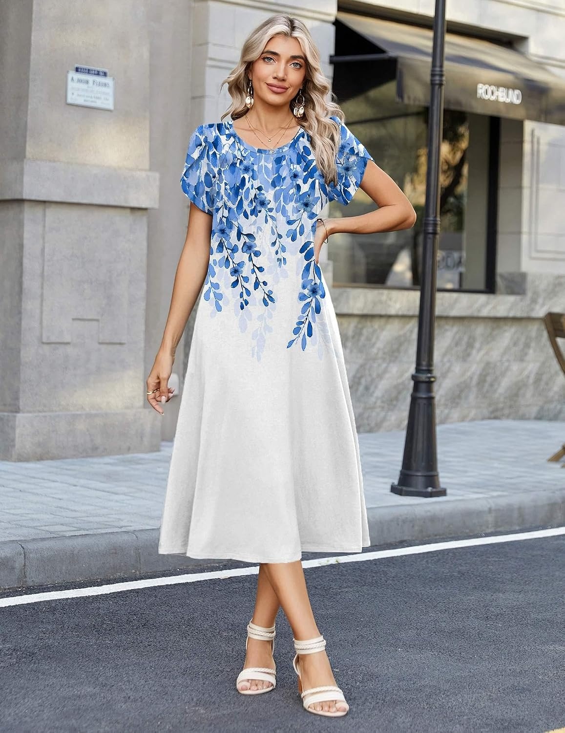 image:imageZeagoo Womens Casual Summer Dress 2026 Petal Short Sleeve Dresses with Pleats Midi A Line Flowy Dress Boho SundressBluewhite Floral