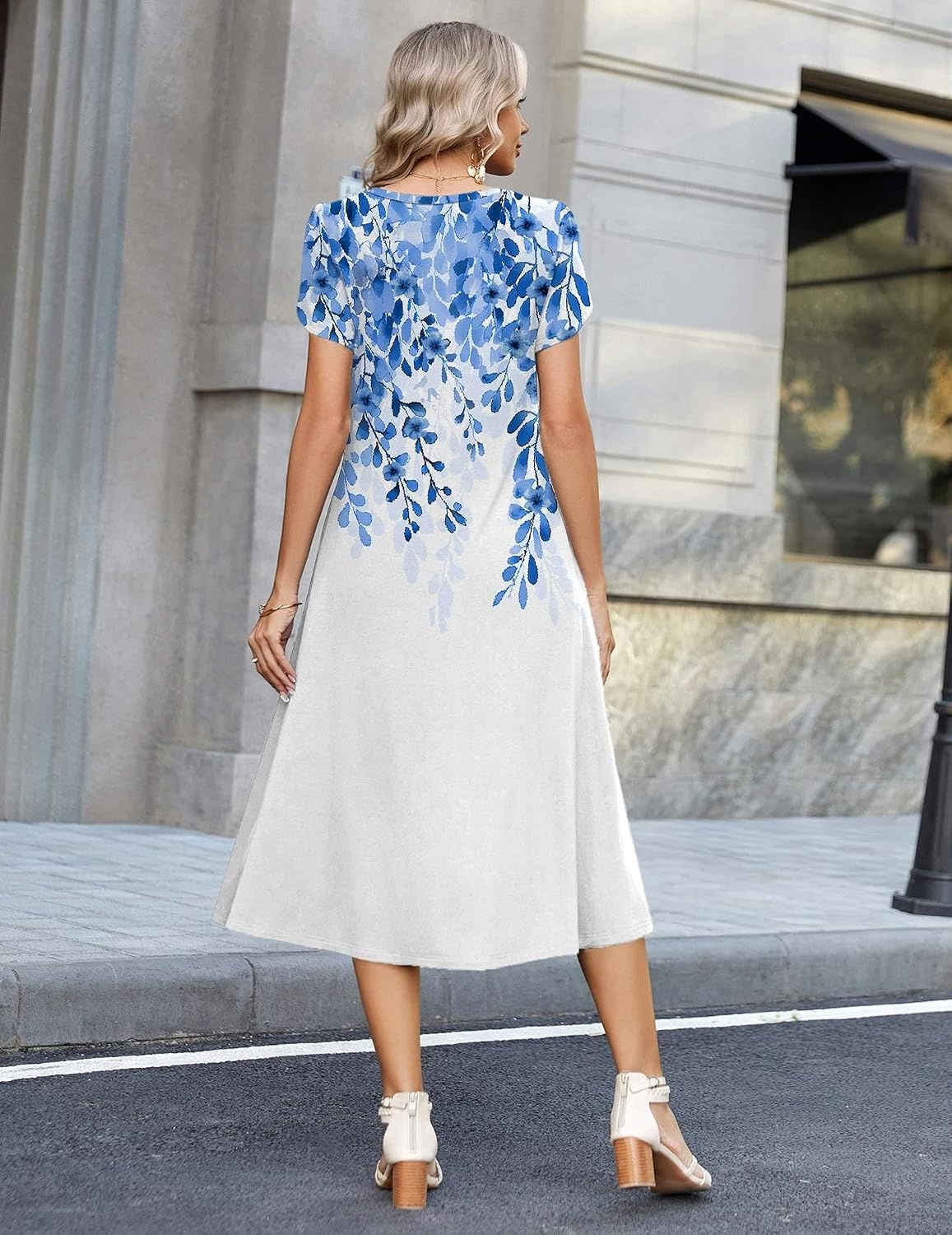 image:imageZeagoo Womens Casual Summer Dress 2026 Petal Short Sleeve Dresses with Pleats Midi A Line Flowy Dress Boho SundressBluewhite Floral