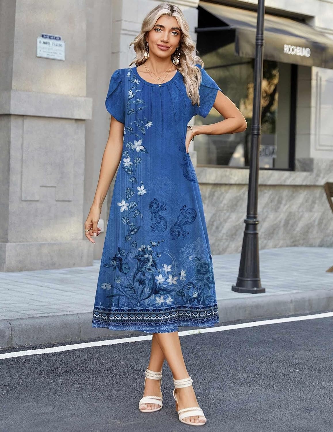 image:imageZeagoo Womens Casual Summer Dress 2026 Petal Short Sleeve Dresses with Pleats Midi A Line Flowy Dress Boho SundressBoho Blue Floral