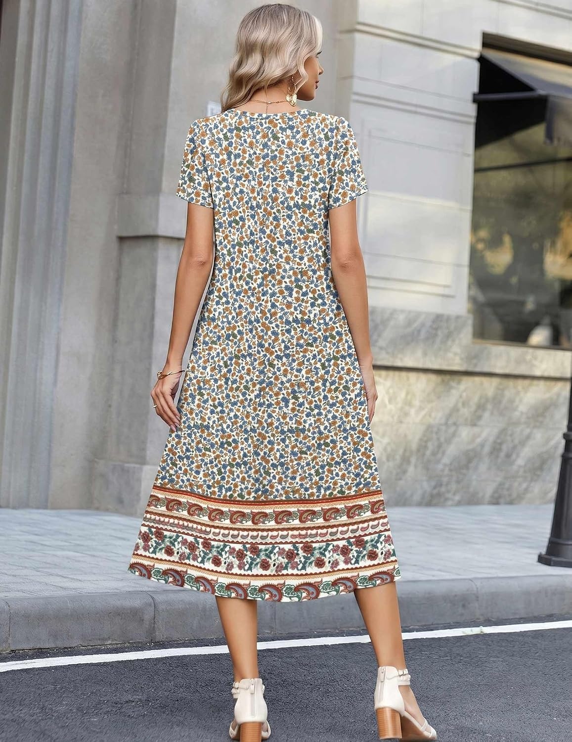 image:imageZeagoo Womens Casual Summer Dress 2026 Petal Short Sleeve Dresses with Pleats Midi A Line Flowy Dress Boho SundressBoho Floral
