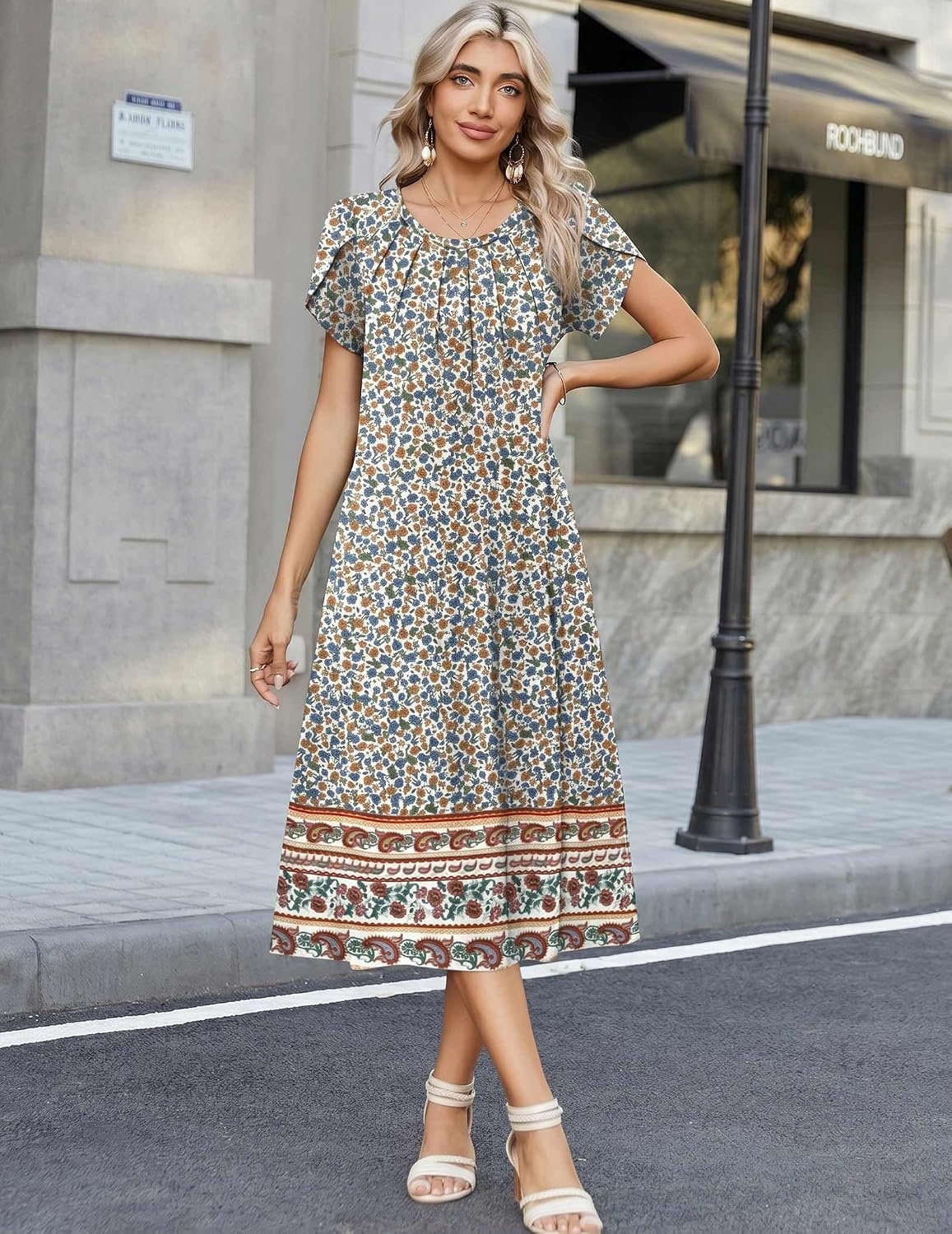image:imageZeagoo Womens Casual Summer Dress 2026 Petal Short Sleeve Dresses with Pleats Midi A Line Flowy Dress Boho SundressBoho Floral