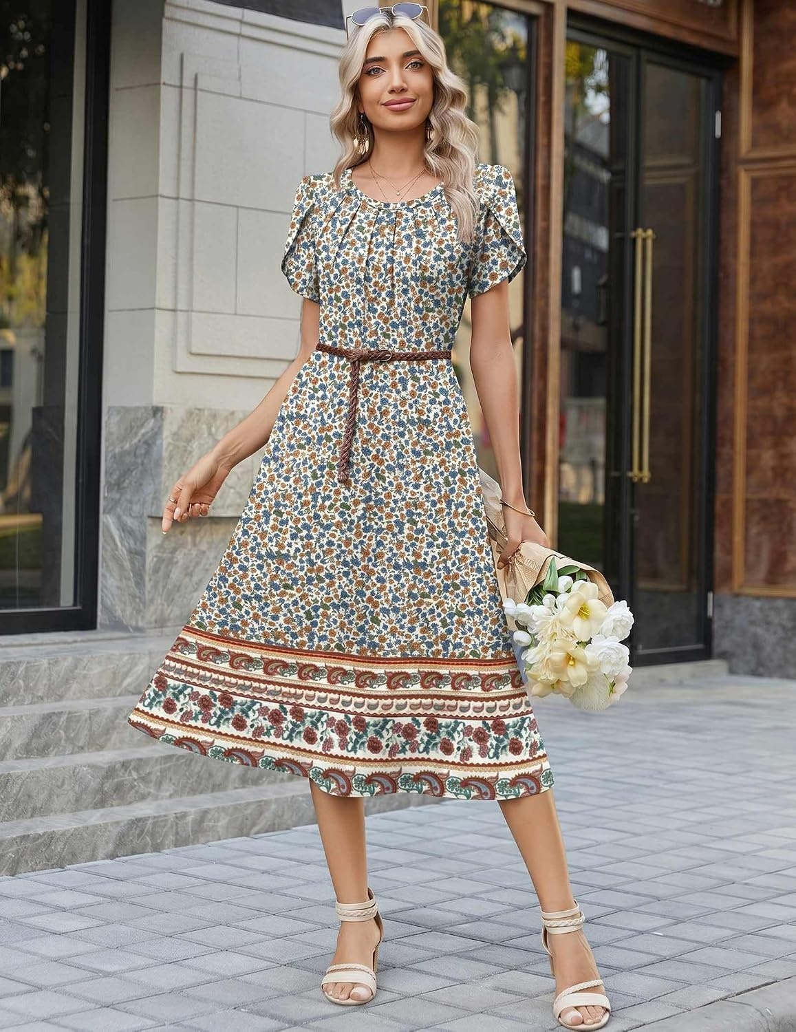 image:imageZeagoo Womens Casual Summer Dress 2026 Petal Short Sleeve Dresses with Pleats Midi A Line Flowy Dress Boho SundressBoho Floral