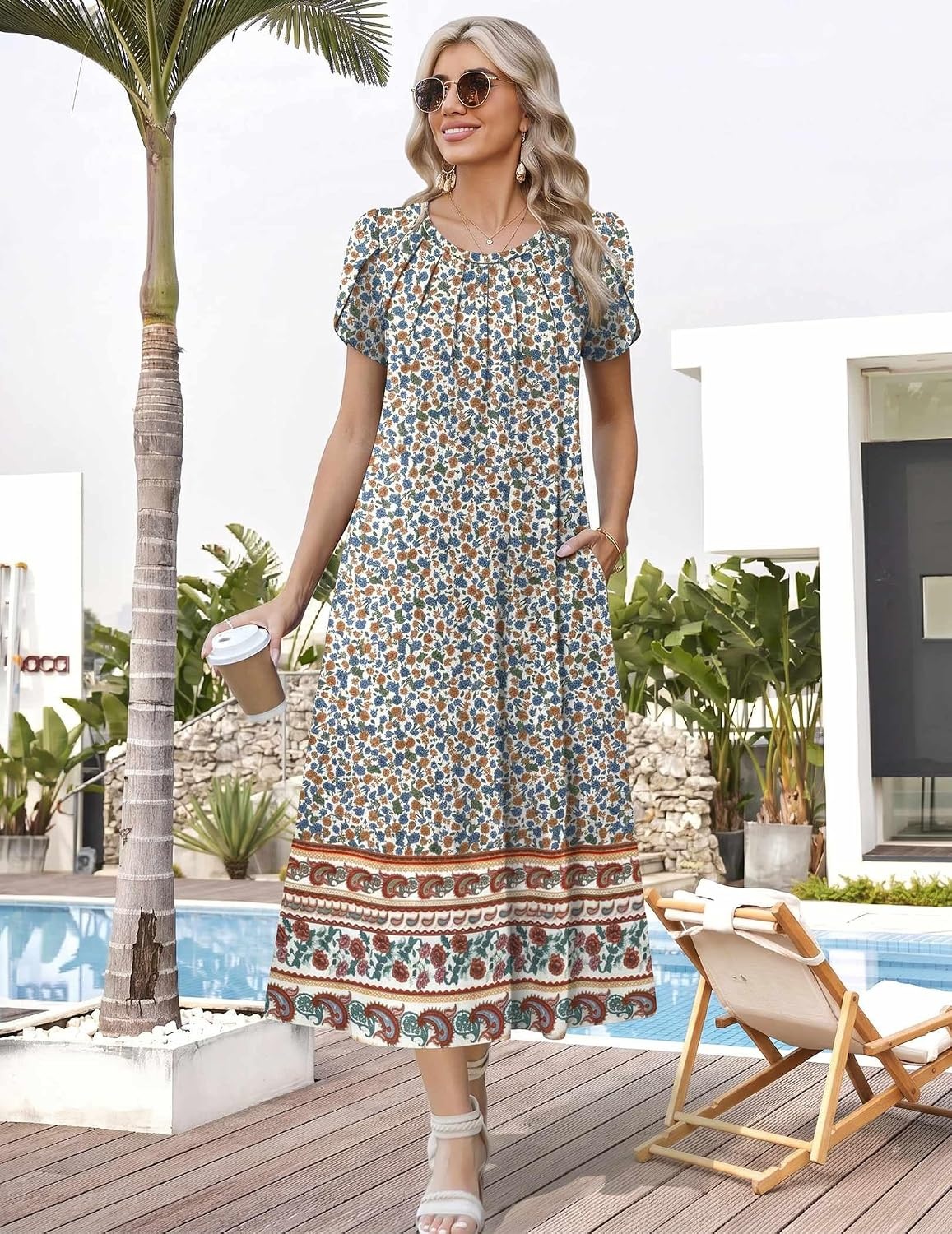image:imageZeagoo Womens Casual Summer Dress 2026 Petal Short Sleeve Dresses with Pleats Midi A Line Flowy Dress Boho SundressBoho Floral