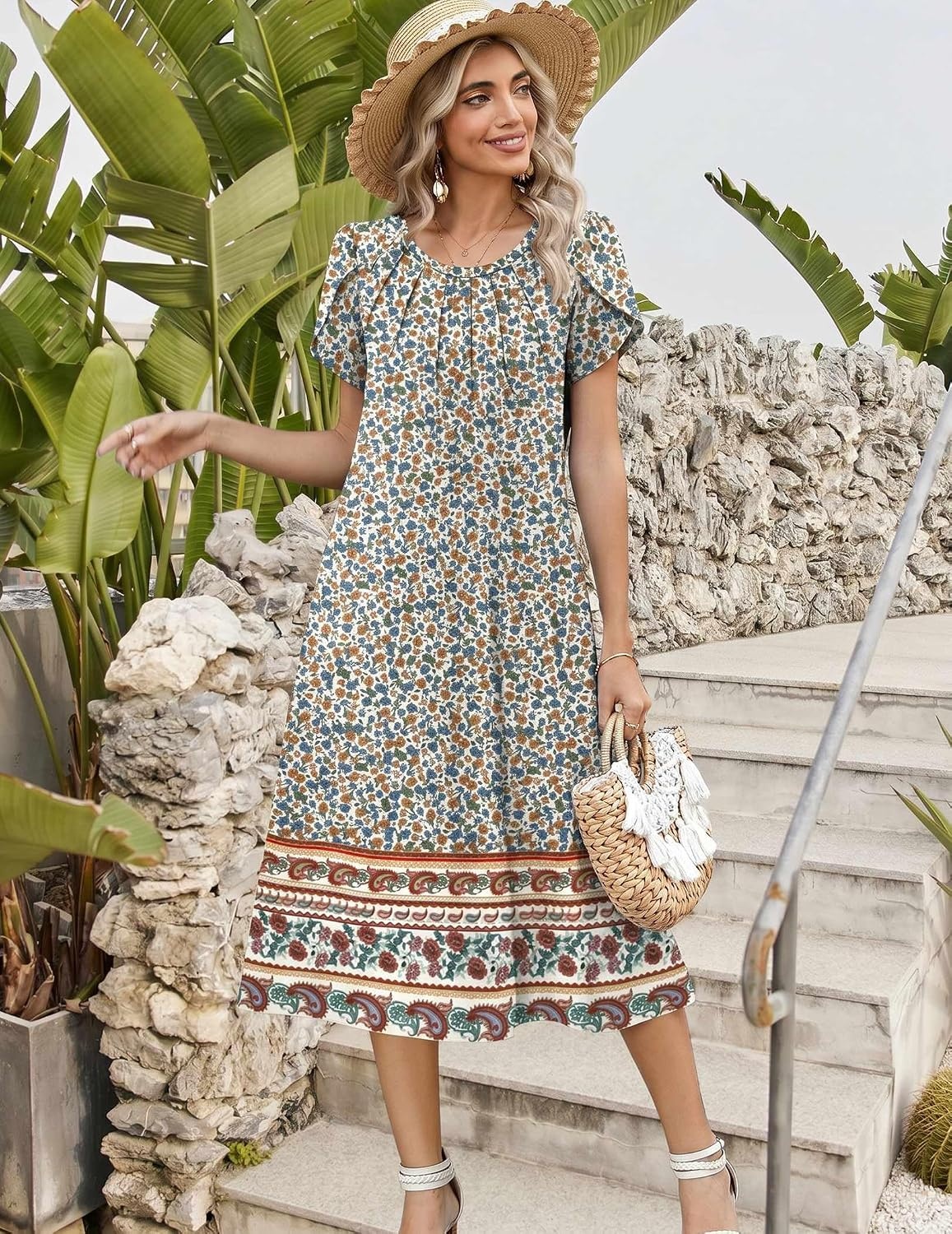 image:imageZeagoo Womens Casual Summer Dress 2026 Petal Short Sleeve Dresses with Pleats Midi A Line Flowy Dress Boho SundressBoho Floral