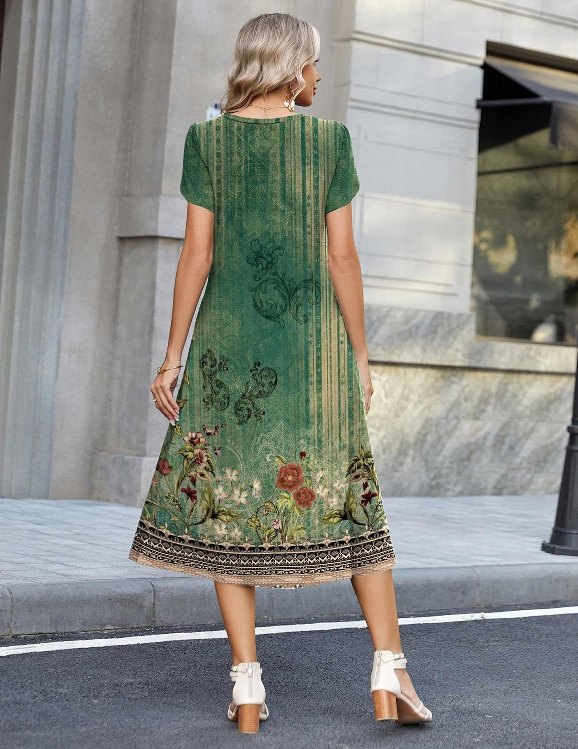 image:imageZeagoo Womens Casual Summer Dress 2026 Petal Short Sleeve Dresses with Pleats Midi A Line Flowy Dress Boho SundressBoho Green Floral