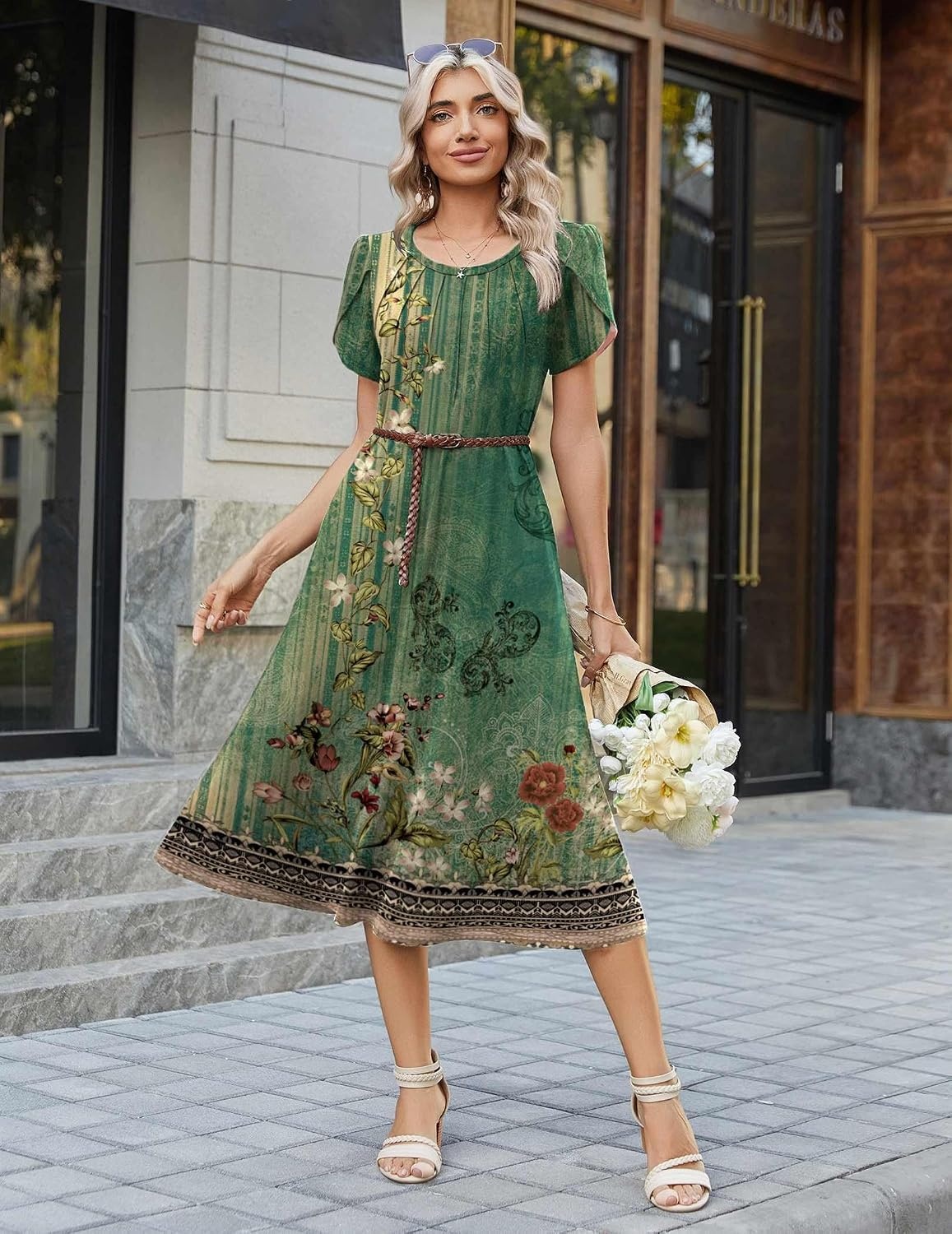 image:imageZeagoo Womens Casual Summer Dress 2026 Petal Short Sleeve Dresses with Pleats Midi A Line Flowy Dress Boho SundressBoho Green Floral