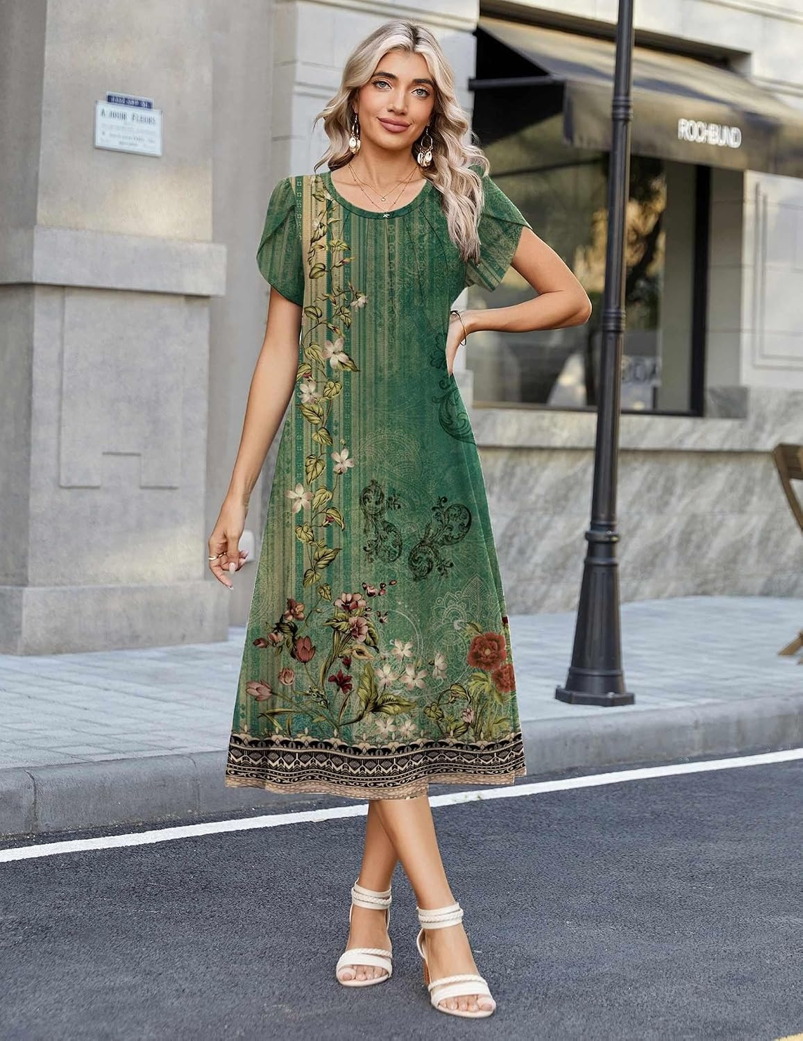 image:imageZeagoo Womens Casual Summer Dress 2026 Petal Short Sleeve Dresses with Pleats Midi A Line Flowy Dress Boho SundressBoho Green Floral