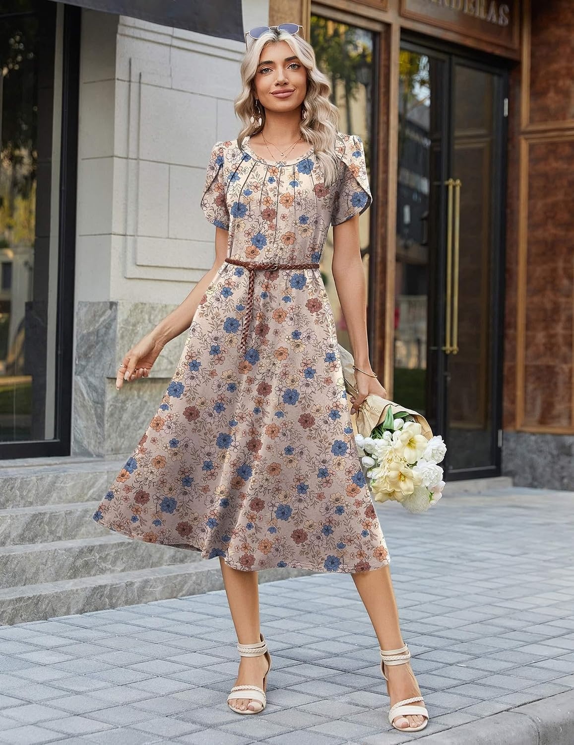 image:imageZeagoo Womens Casual Summer Dress 2026 Petal Short Sleeve Dresses with Pleats Midi A Line Flowy Dress Boho SundressBrown Floral