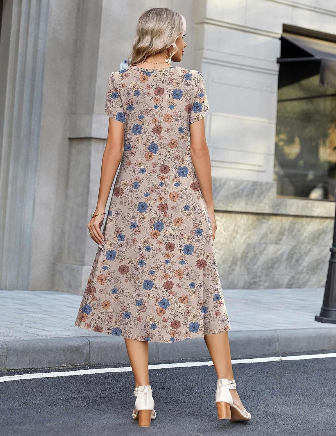 image:imageZeagoo Womens Casual Summer Dress 2026 Petal Short Sleeve Dresses with Pleats Midi A Line Flowy Dress Boho SundressBrown Floral