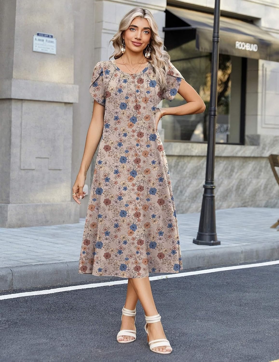image:imageZeagoo Womens Casual Summer Dress 2026 Petal Short Sleeve Dresses with Pleats Midi A Line Flowy Dress Boho SundressBrown Floral