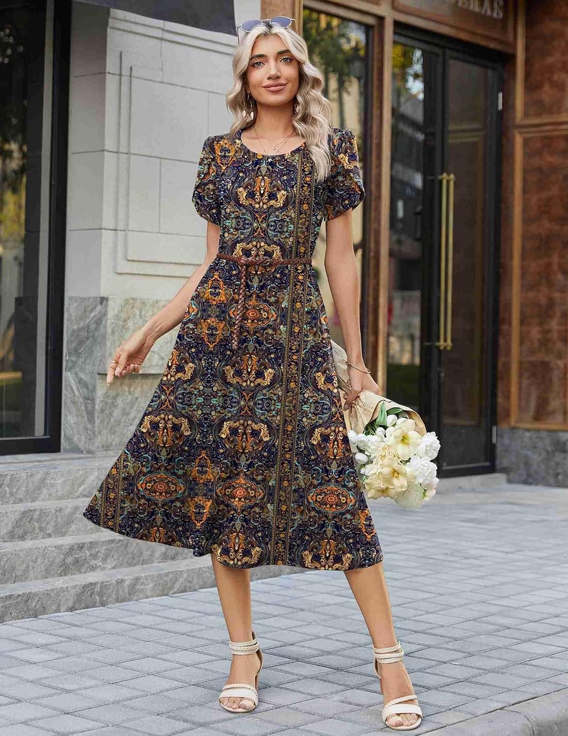 image:imageZeagoo Womens Casual Summer Dress 2026 Petal Short Sleeve Dresses with Pleats Midi A Line Flowy Dress Boho SundressChic Printed
