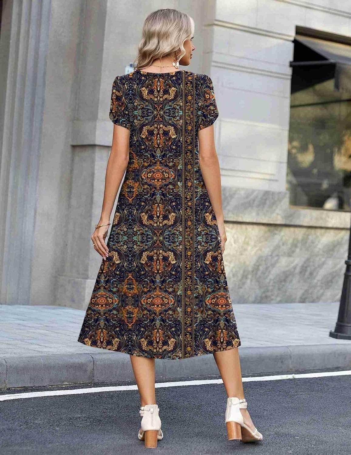 image:imageZeagoo Womens Casual Summer Dress 2026 Petal Short Sleeve Dresses with Pleats Midi A Line Flowy Dress Boho SundressChic Printed