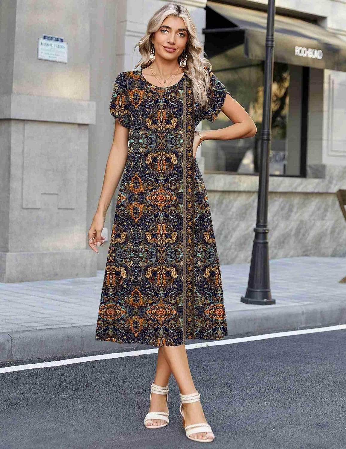 image:imageZeagoo Womens Casual Summer Dress 2026 Petal Short Sleeve Dresses with Pleats Midi A Line Flowy Dress Boho SundressChic Printed