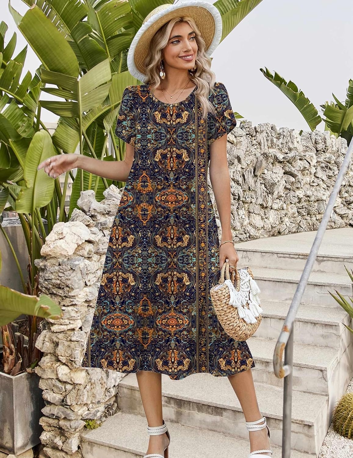 image:imageZeagoo Womens Casual Summer Dress 2026 Petal Short Sleeve Dresses with Pleats Midi A Line Flowy Dress Boho SundressChic Printed
