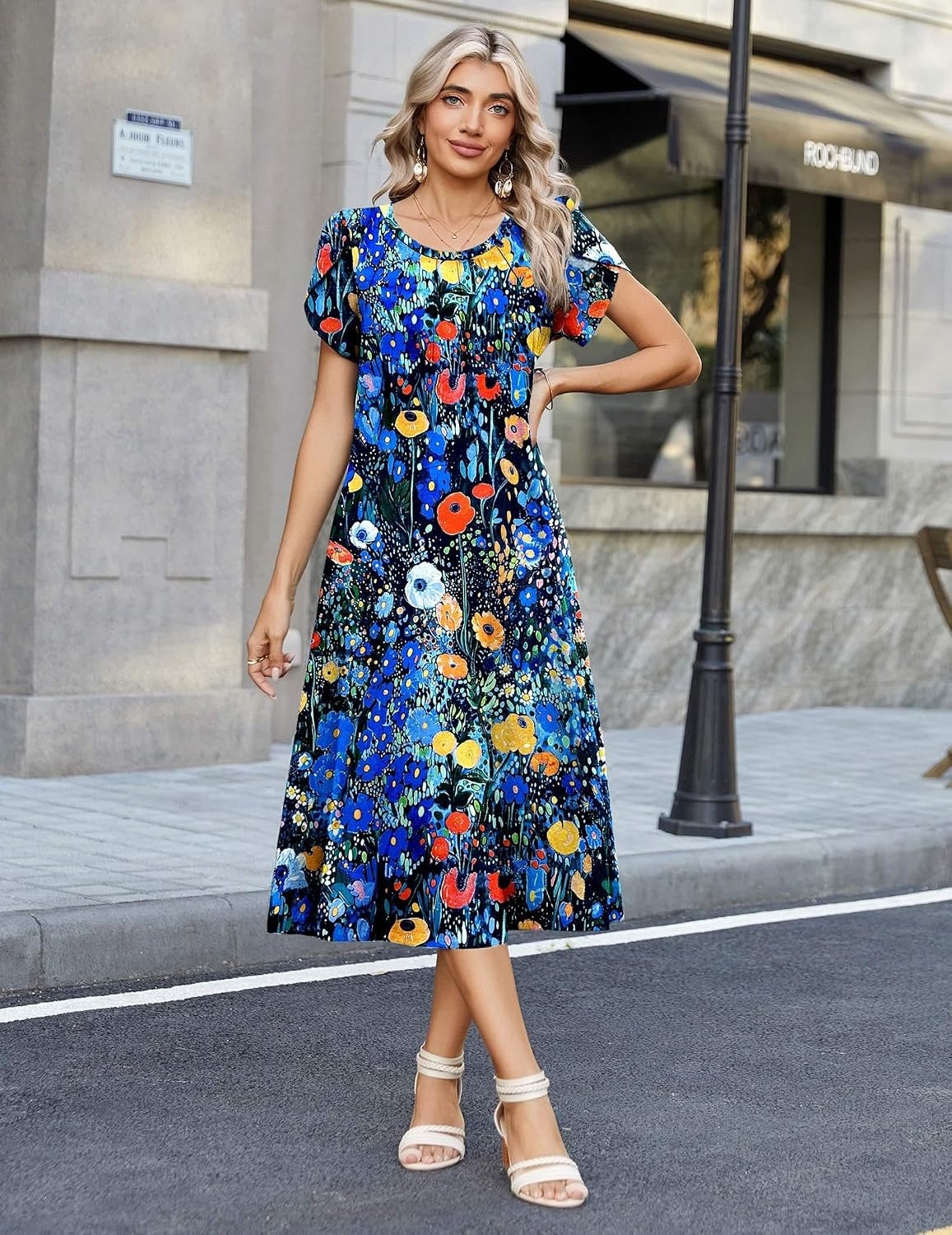 image:imageZeagoo Womens Casual Summer Dress 2026 Petal Short Sleeve Dresses with Pleats Midi A Line Flowy Dress Boho SundressColorful Print