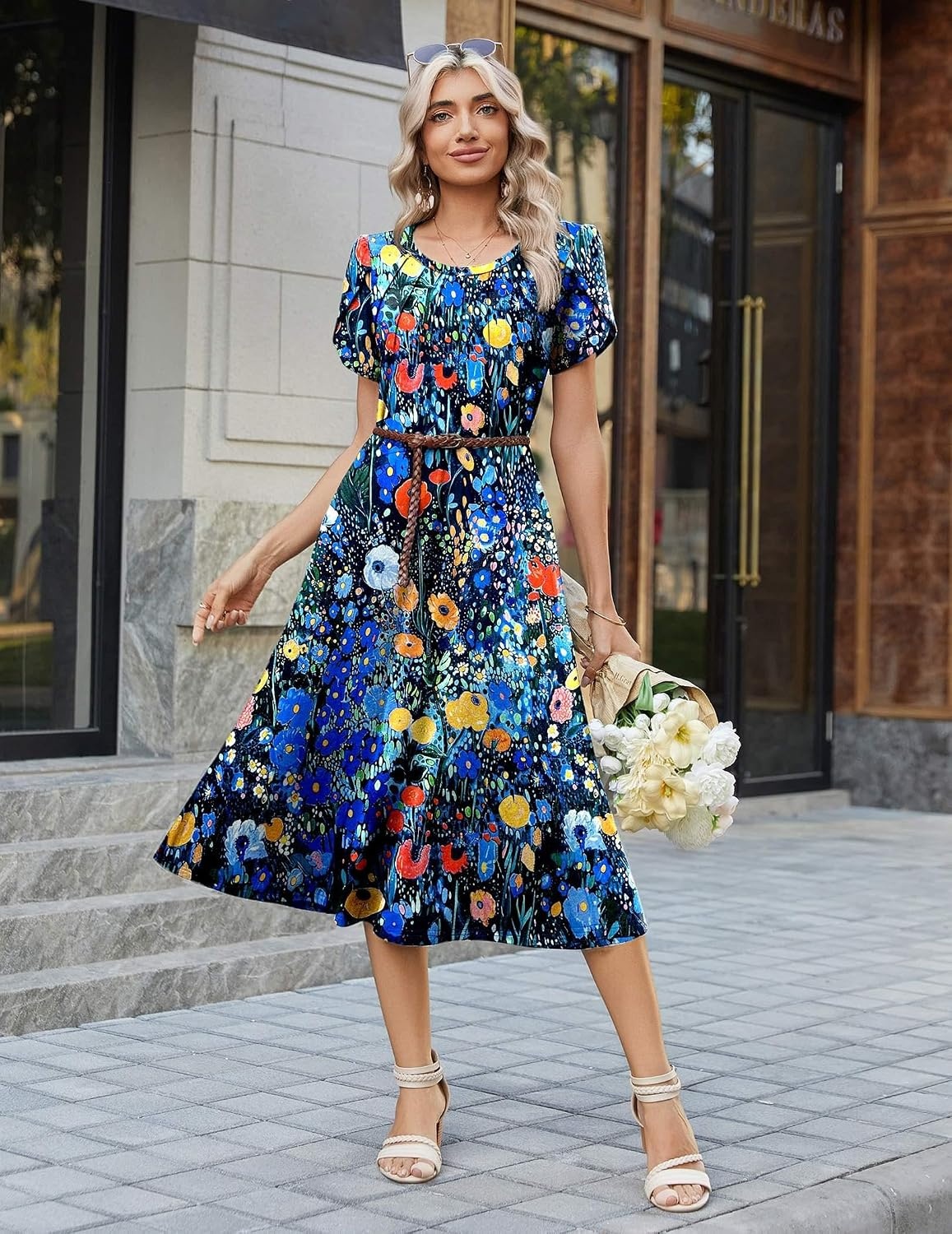 image:imageZeagoo Womens Casual Summer Dress 2026 Petal Short Sleeve Dresses with Pleats Midi A Line Flowy Dress Boho SundressColorful Print