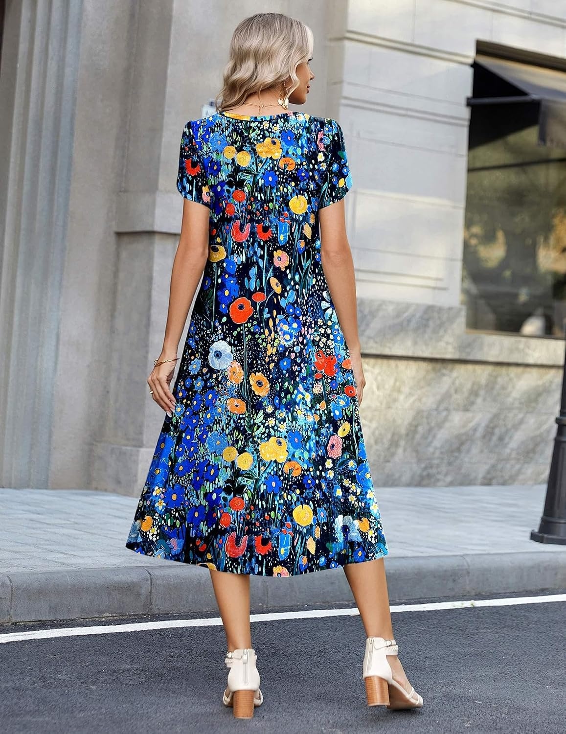 image:imageZeagoo Womens Casual Summer Dress 2026 Petal Short Sleeve Dresses with Pleats Midi A Line Flowy Dress Boho SundressColorful Print
