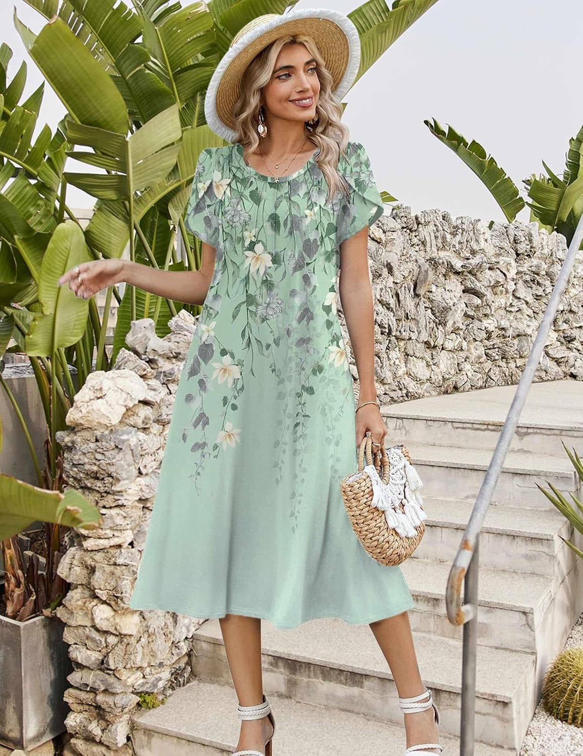 image:imageZeagoo Womens Casual Summer Dress 2026 Petal Short Sleeve Dresses with Pleats Midi A Line Flowy Dress Boho SundressMint Floral