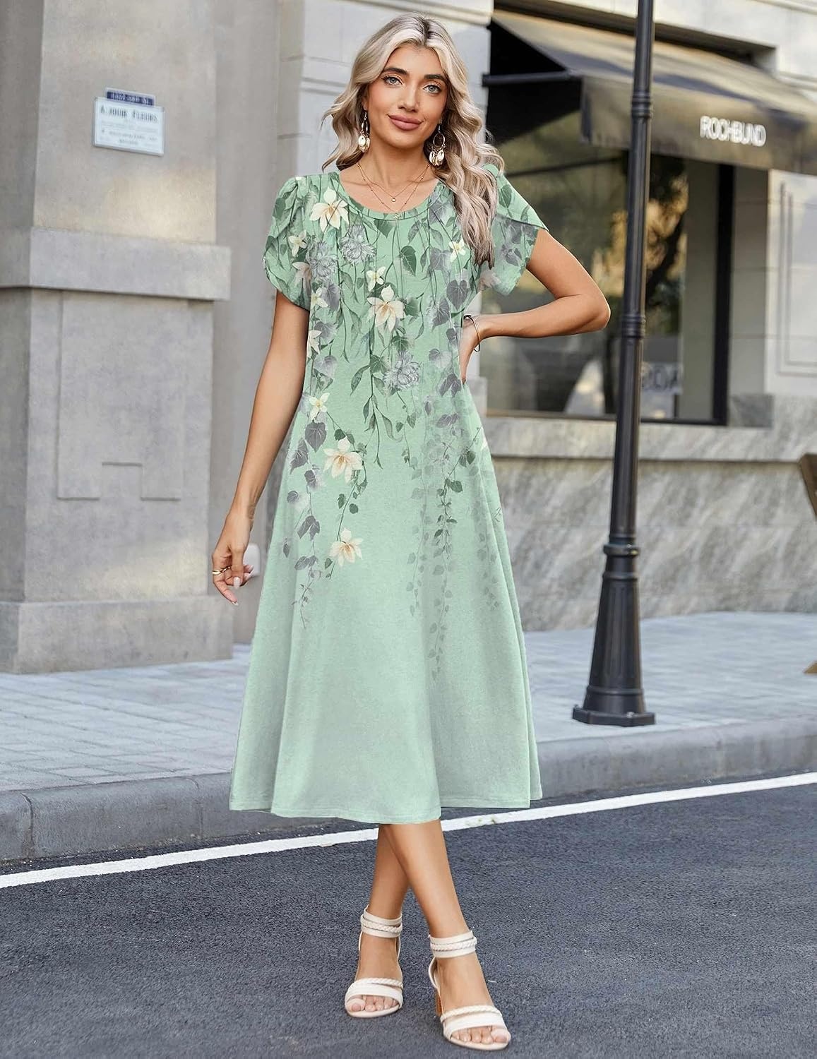 image:imageZeagoo Womens Casual Summer Dress 2026 Petal Short Sleeve Dresses with Pleats Midi A Line Flowy Dress Boho SundressMint Floral