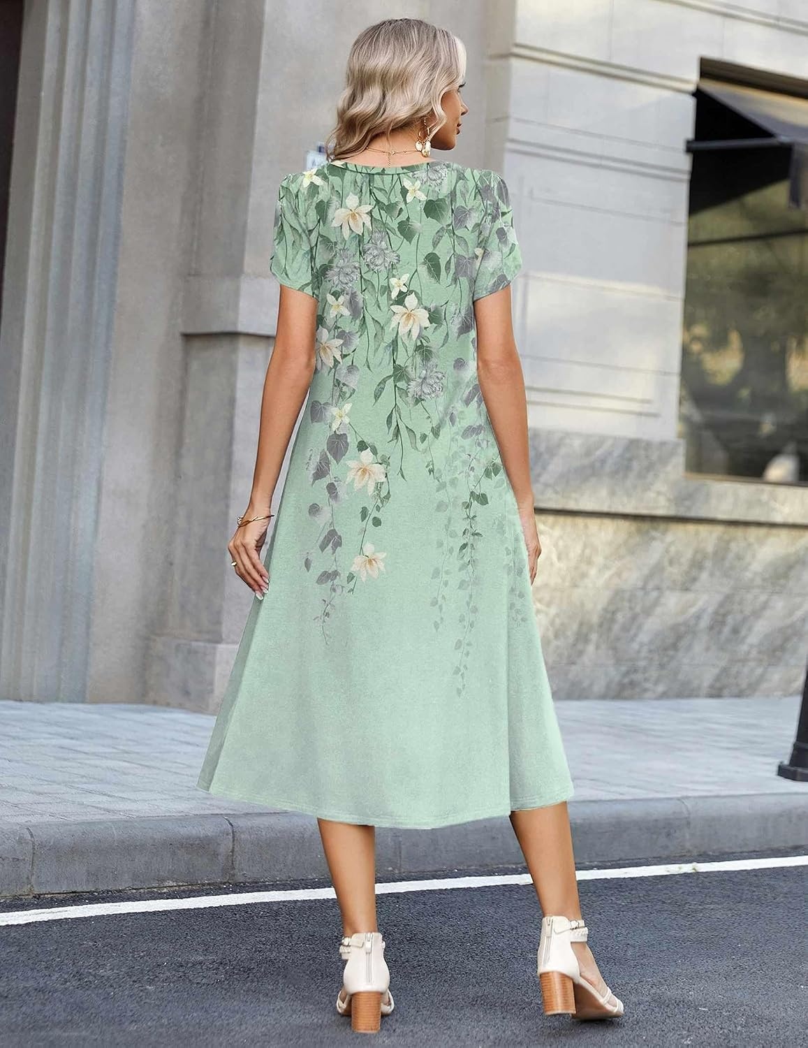 image:imageZeagoo Womens Casual Summer Dress 2026 Petal Short Sleeve Dresses with Pleats Midi A Line Flowy Dress Boho SundressMint Floral