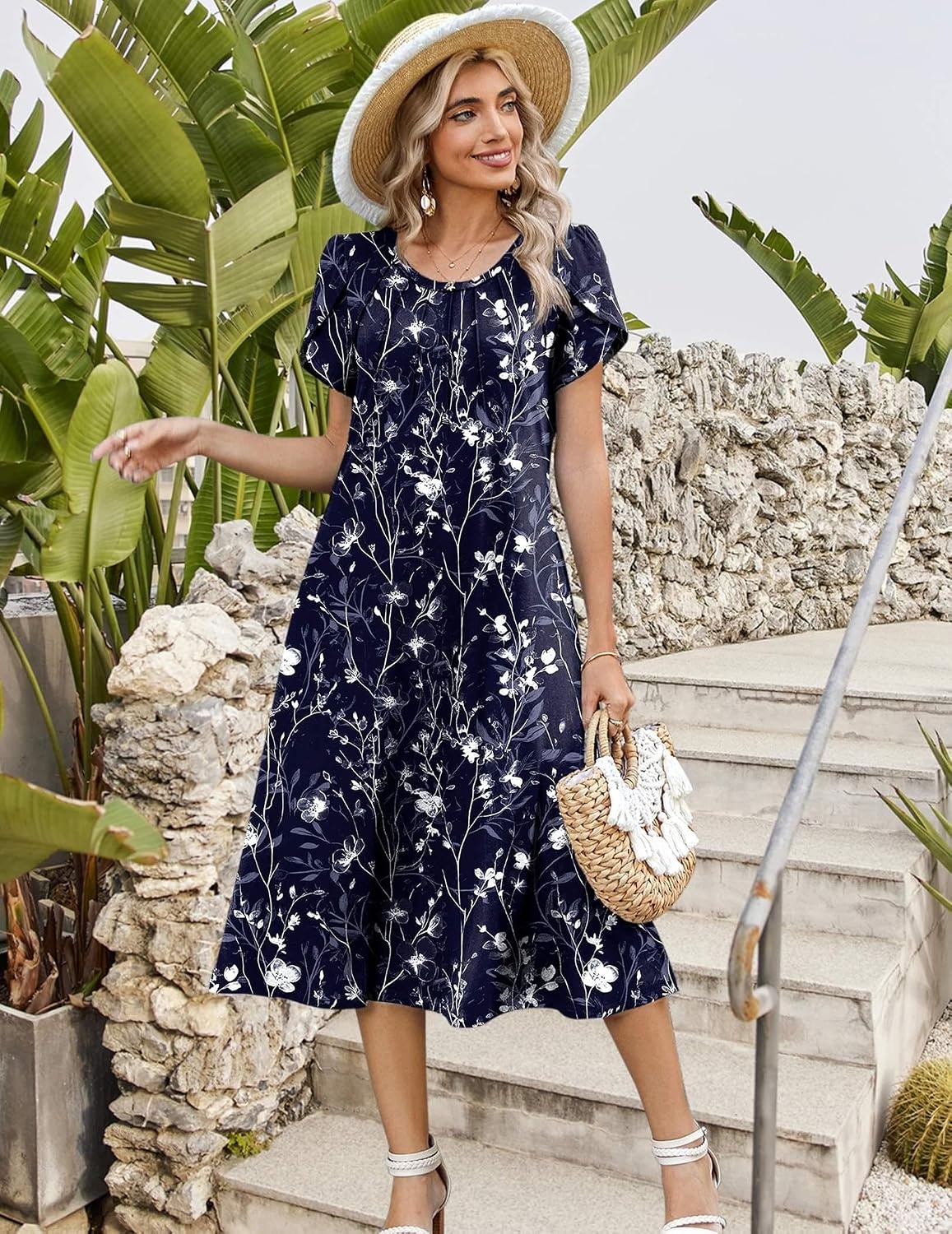 image:imageZeagoo Womens Casual Summer Dress 2026 Petal Short Sleeve Dresses with Pleats Midi A Line Flowy Dress Boho SundressNavy Floral 01