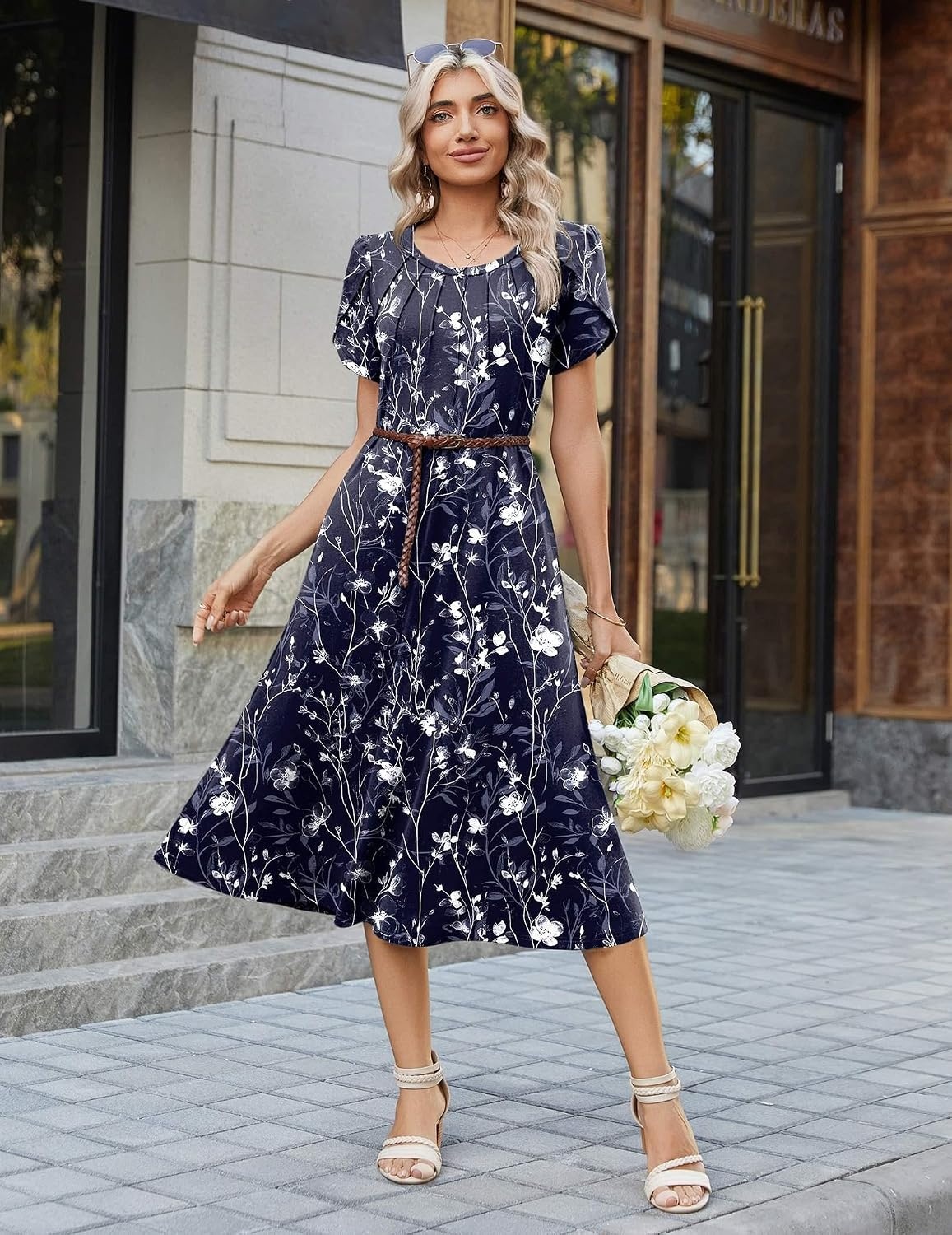 image:imageZeagoo Womens Casual Summer Dress 2026 Petal Short Sleeve Dresses with Pleats Midi A Line Flowy Dress Boho SundressNavy Floral 01