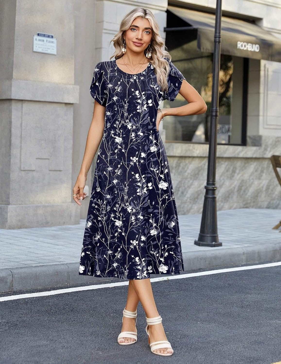 image:imageZeagoo Womens Casual Summer Dress 2026 Petal Short Sleeve Dresses with Pleats Midi A Line Flowy Dress Boho SundressNavy Floral 01