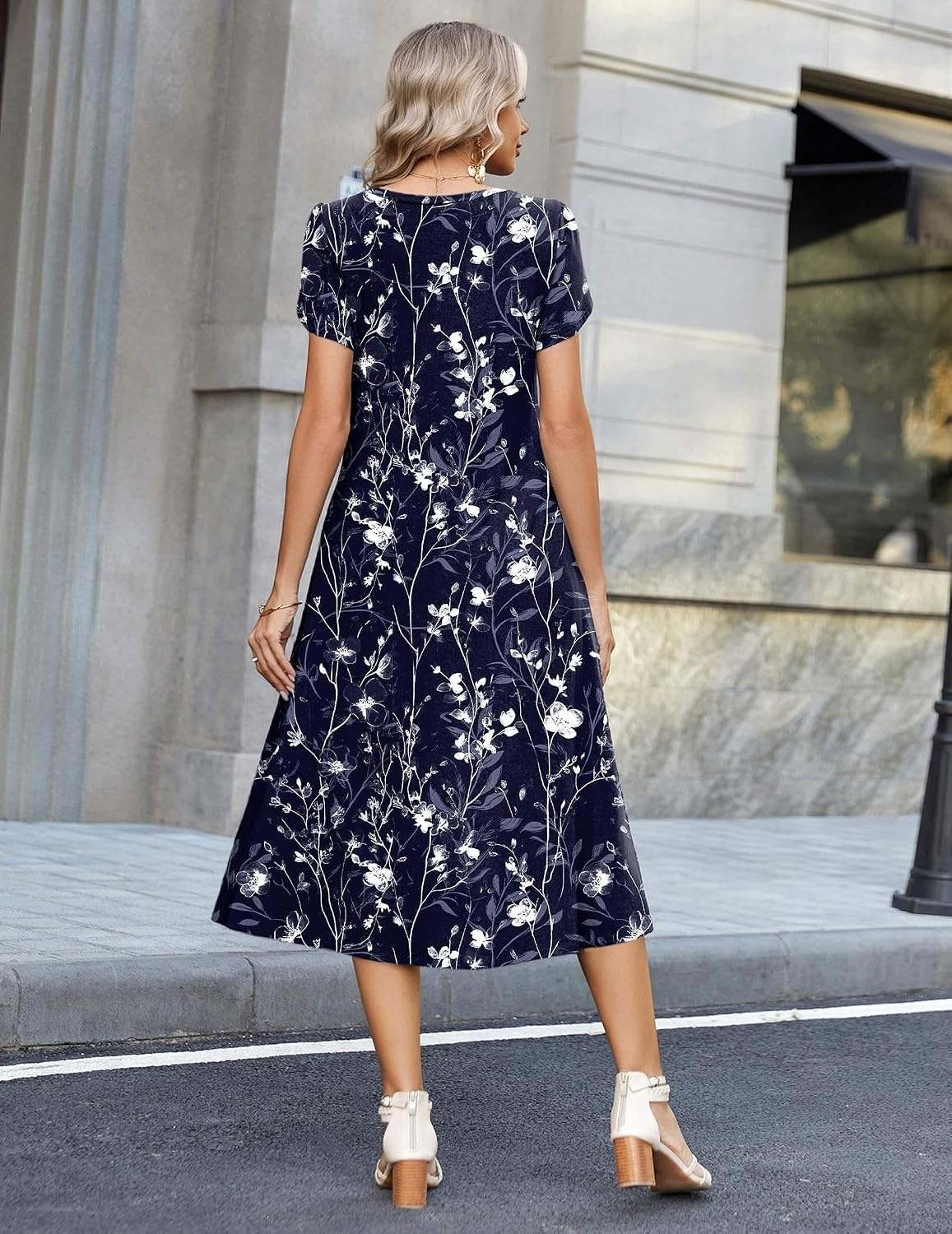 image:imageZeagoo Womens Casual Summer Dress 2026 Petal Short Sleeve Dresses with Pleats Midi A Line Flowy Dress Boho SundressNavy Floral 01