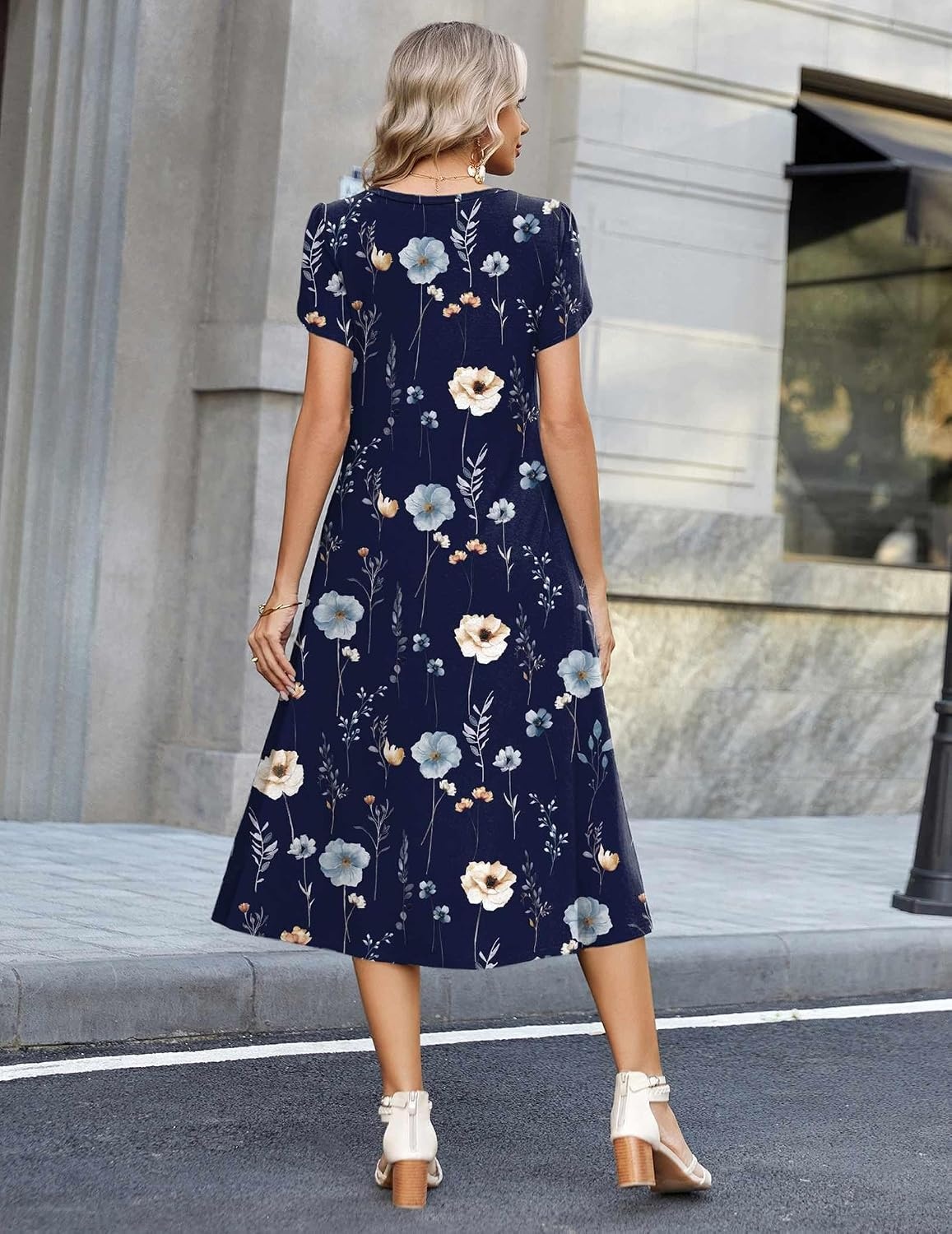 image:imageZeagoo Womens Casual Summer Dress 2026 Petal Short Sleeve Dresses with Pleats Midi A Line Flowy Dress Boho SundressNavy Floral 02