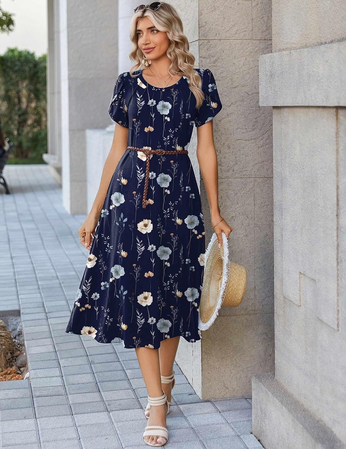image:imageZeagoo Womens Casual Summer Dress 2026 Petal Short Sleeve Dresses with Pleats Midi A Line Flowy Dress Boho SundressNavy Floral 02
