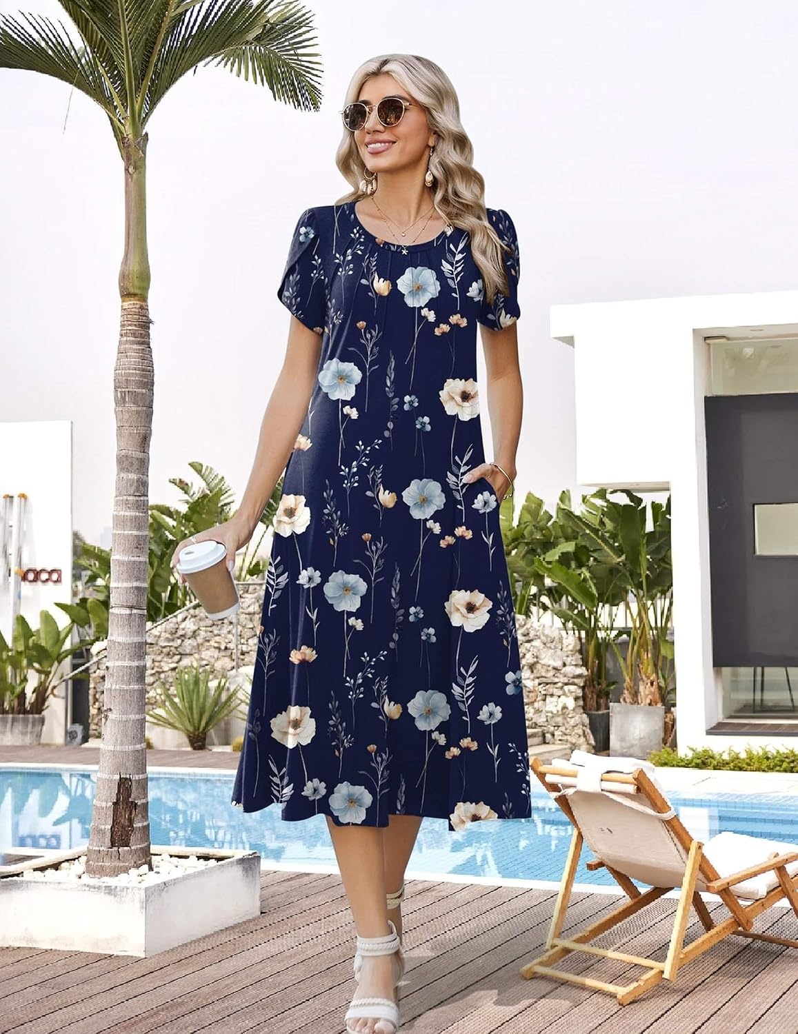 image:imageZeagoo Womens Casual Summer Dress 2026 Petal Short Sleeve Dresses with Pleats Midi A Line Flowy Dress Boho SundressNavy Floral 02