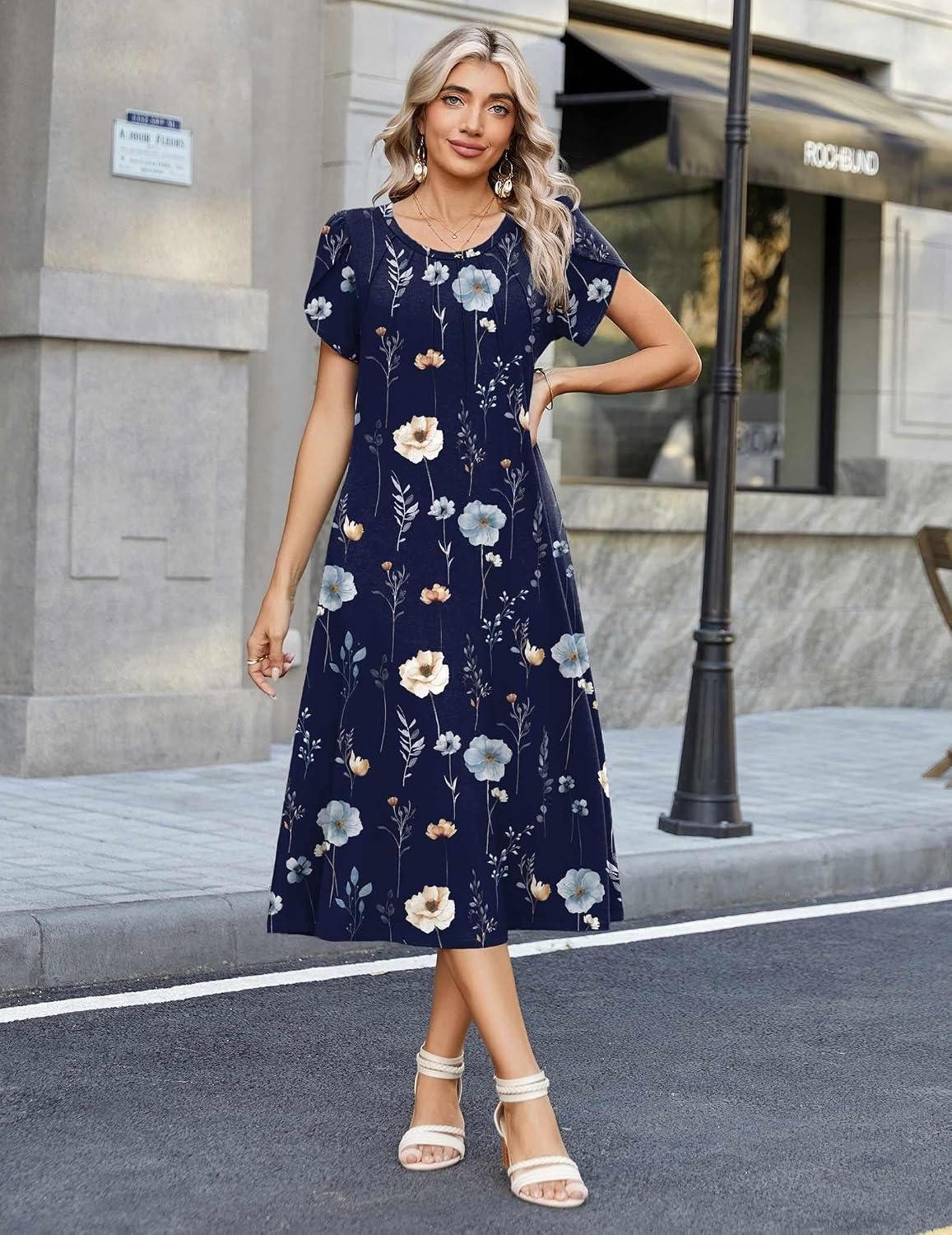 image:imageZeagoo Womens Casual Summer Dress 2026 Petal Short Sleeve Dresses with Pleats Midi A Line Flowy Dress Boho SundressNavy Floral 02