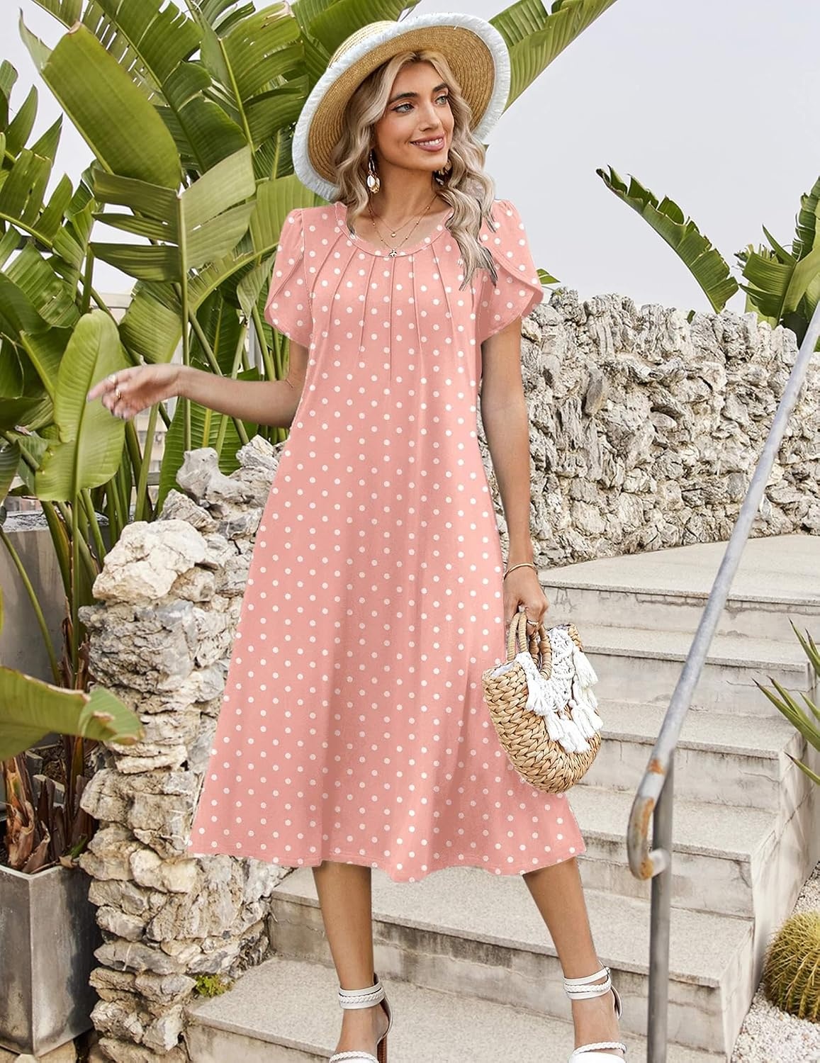 image:imageZeagoo Womens Casual Summer Dress 2026 Petal Short Sleeve Dresses with Pleats Midi A Line Flowy Dress Boho SundressPink Dot