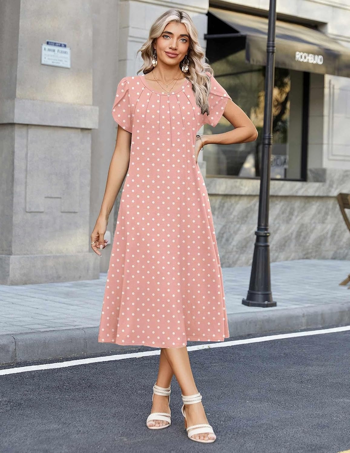 image:imageZeagoo Womens Casual Summer Dress 2026 Petal Short Sleeve Dresses with Pleats Midi A Line Flowy Dress Boho SundressPink Dot