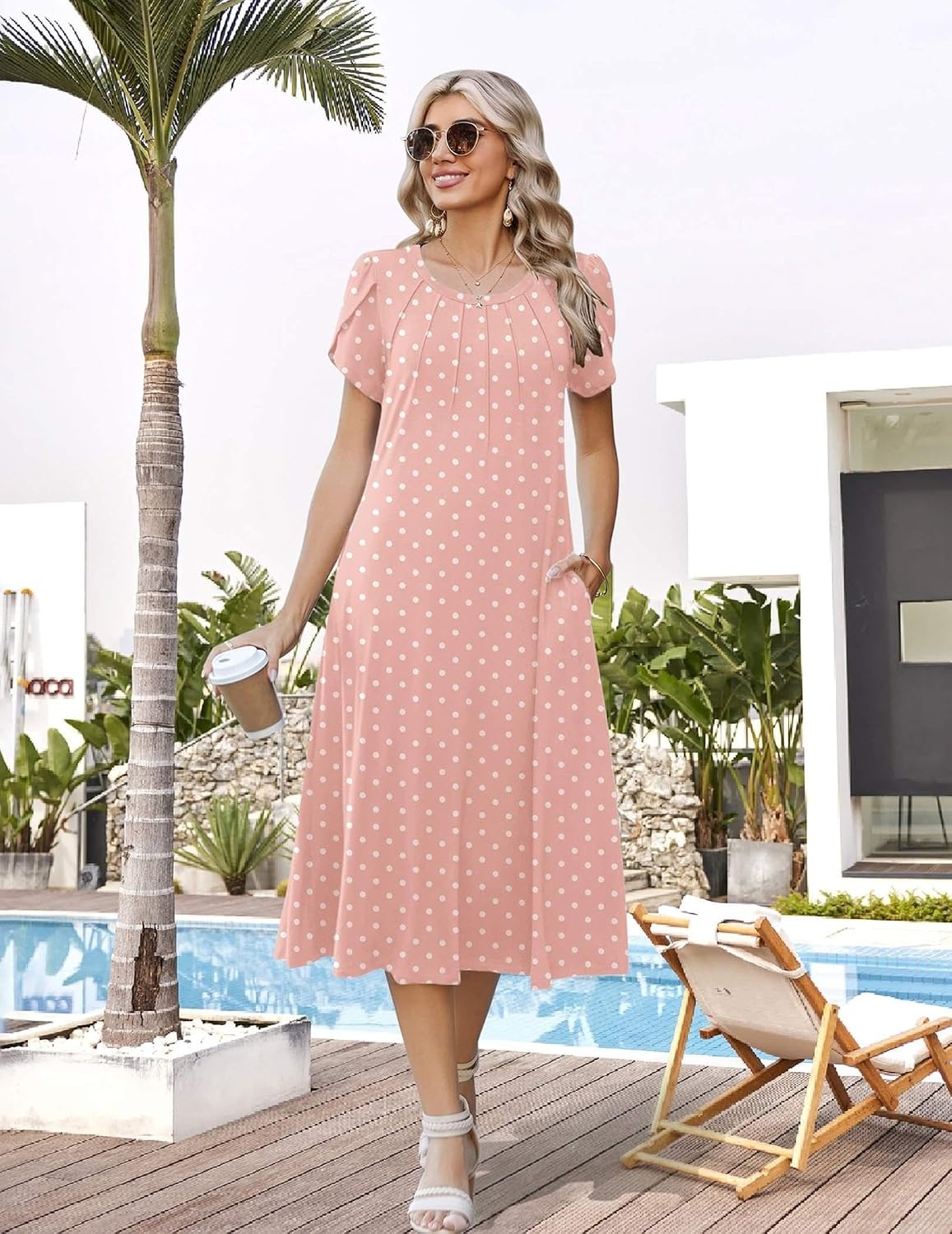 image:imageZeagoo Womens Casual Summer Dress 2026 Petal Short Sleeve Dresses with Pleats Midi A Line Flowy Dress Boho SundressPink Dot