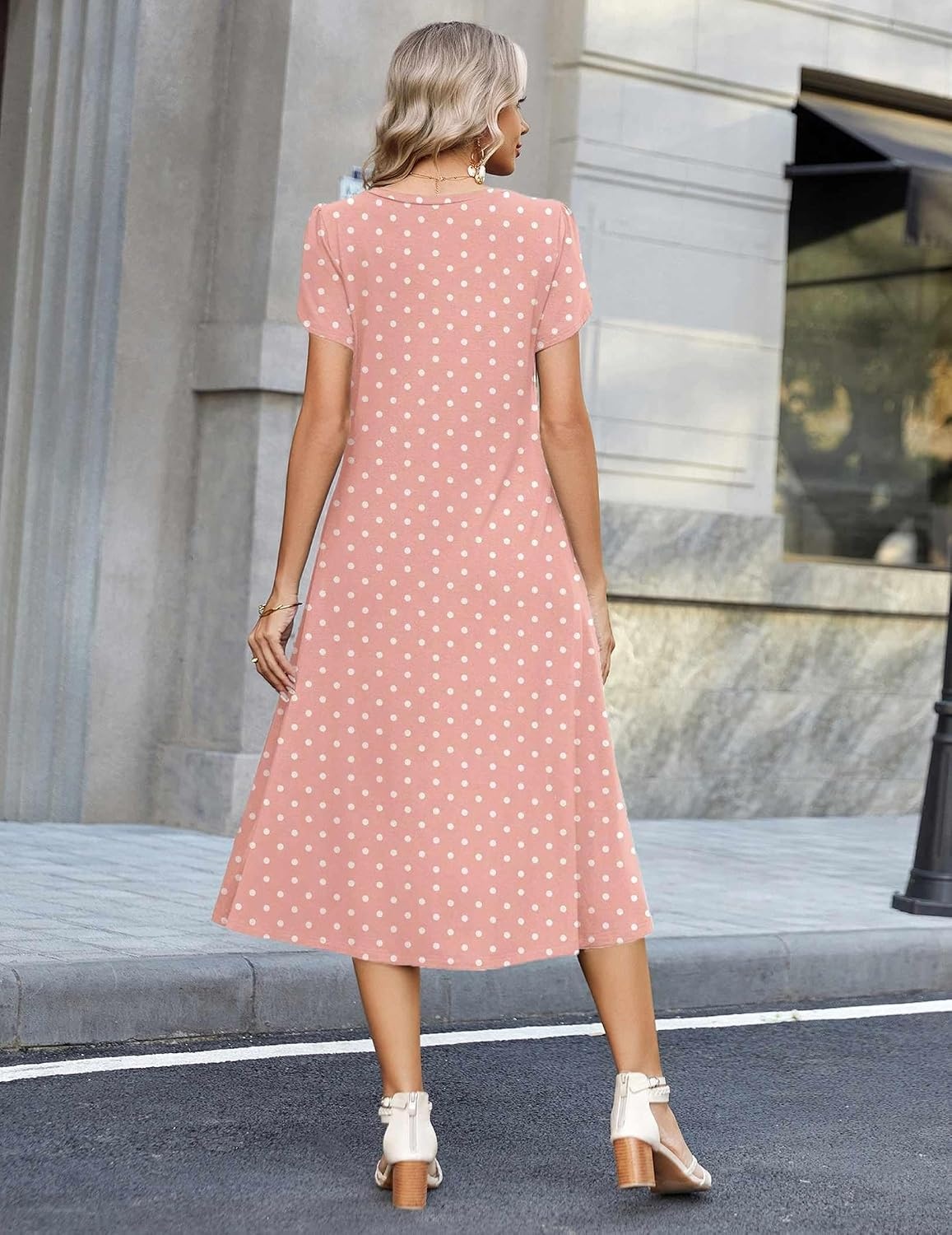 image:imageZeagoo Womens Casual Summer Dress 2026 Petal Short Sleeve Dresses with Pleats Midi A Line Flowy Dress Boho SundressPink Dot