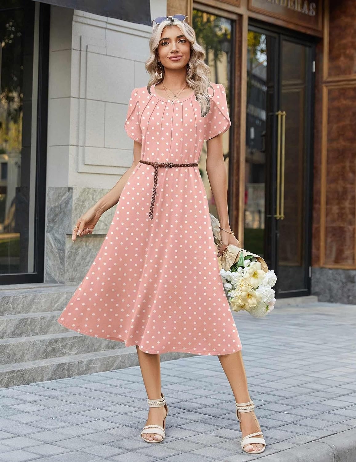 image:imageZeagoo Womens Casual Summer Dress 2026 Petal Short Sleeve Dresses with Pleats Midi A Line Flowy Dress Boho SundressPink Dot