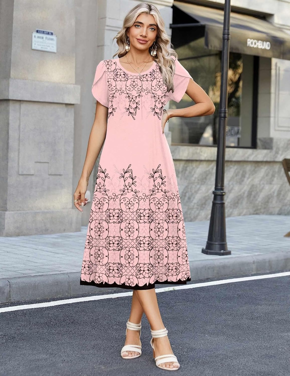 image:imageZeagoo Womens Casual Summer Dress 2026 Petal Short Sleeve Dresses with Pleats Midi A Line Flowy Dress Boho SundressPink Floral