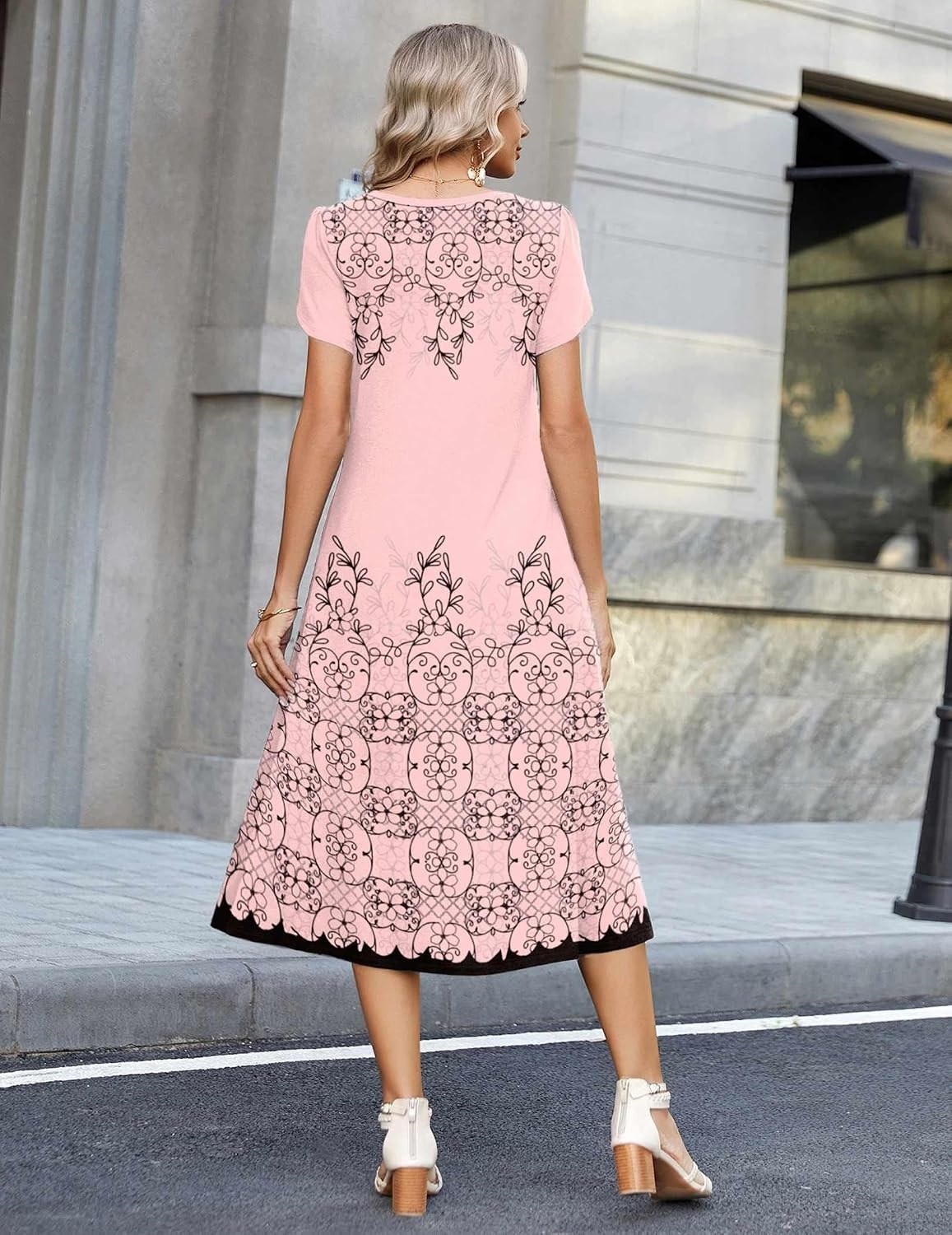 image:imageZeagoo Womens Casual Summer Dress 2026 Petal Short Sleeve Dresses with Pleats Midi A Line Flowy Dress Boho SundressPink Floral