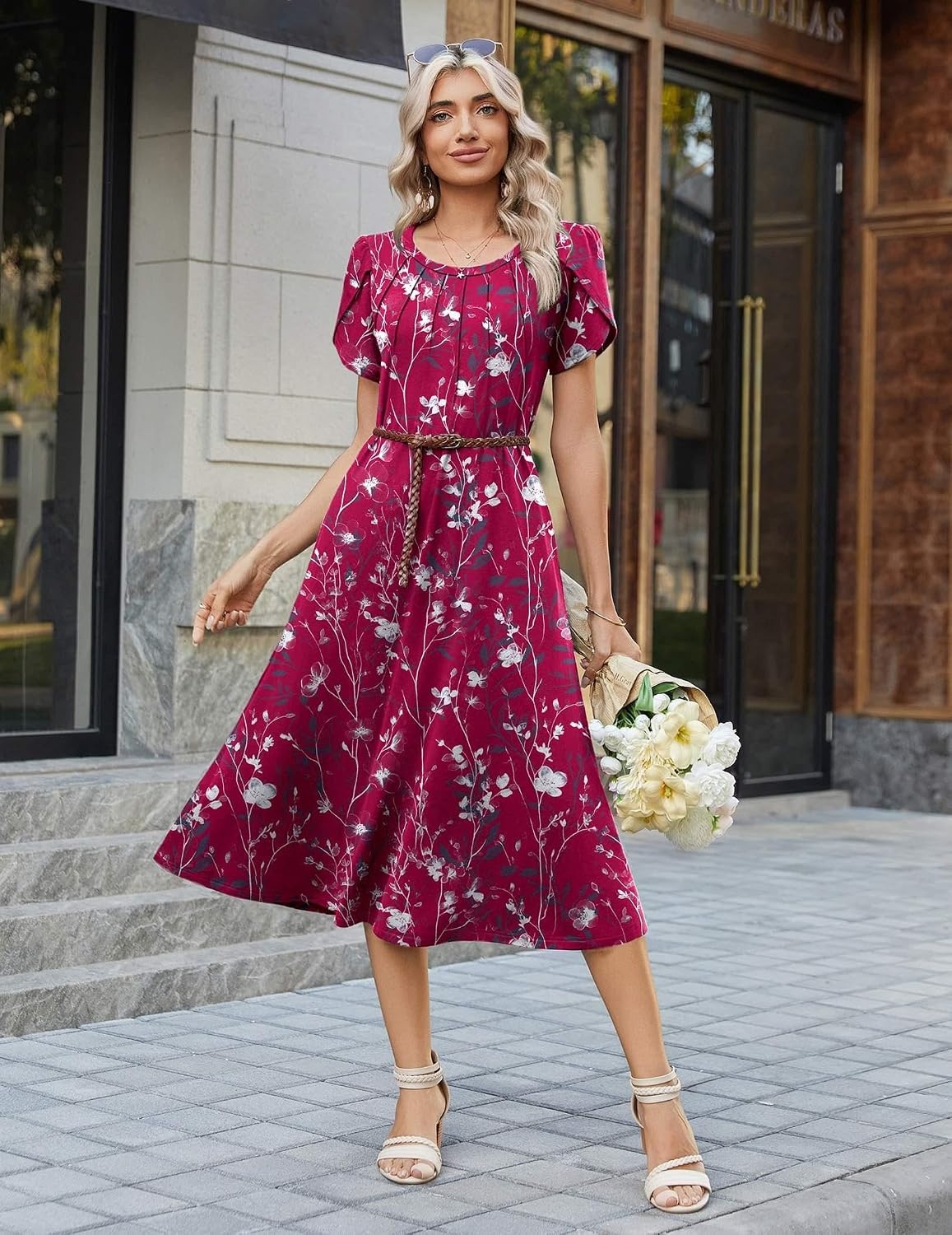 image:imageZeagoo Womens Casual Summer Dress 2026 Petal Short Sleeve Dresses with Pleats Midi A Line Flowy Dress Boho SundressPurple Red Floral
