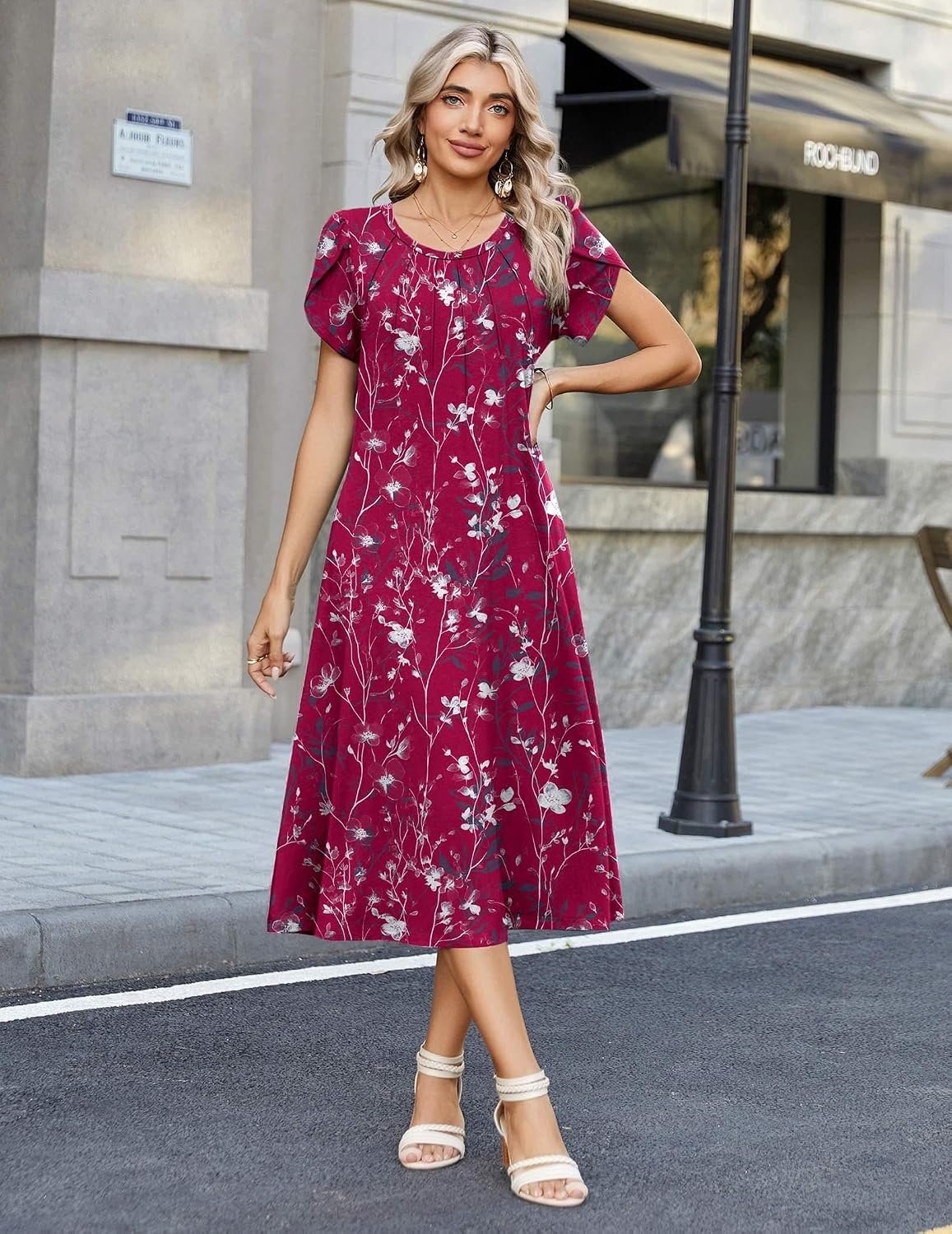 image:imageZeagoo Womens Casual Summer Dress 2026 Petal Short Sleeve Dresses with Pleats Midi A Line Flowy Dress Boho SundressPurple Red Floral