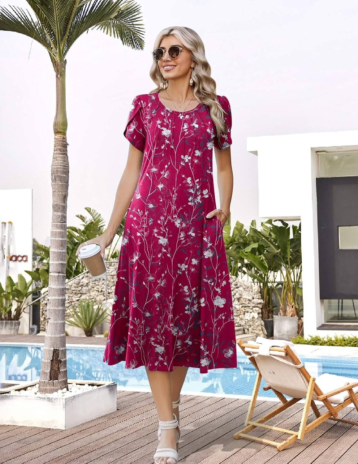 image:imageZeagoo Womens Casual Summer Dress 2026 Petal Short Sleeve Dresses with Pleats Midi A Line Flowy Dress Boho SundressPurple Red Floral