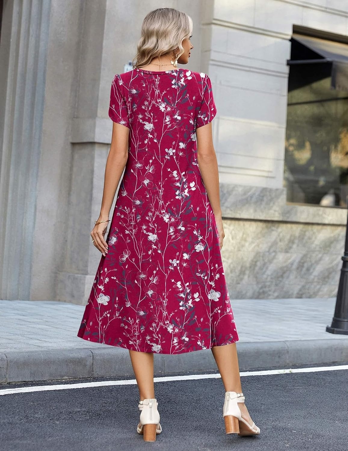 image:imageZeagoo Womens Casual Summer Dress 2026 Petal Short Sleeve Dresses with Pleats Midi A Line Flowy Dress Boho SundressPurple Red Floral