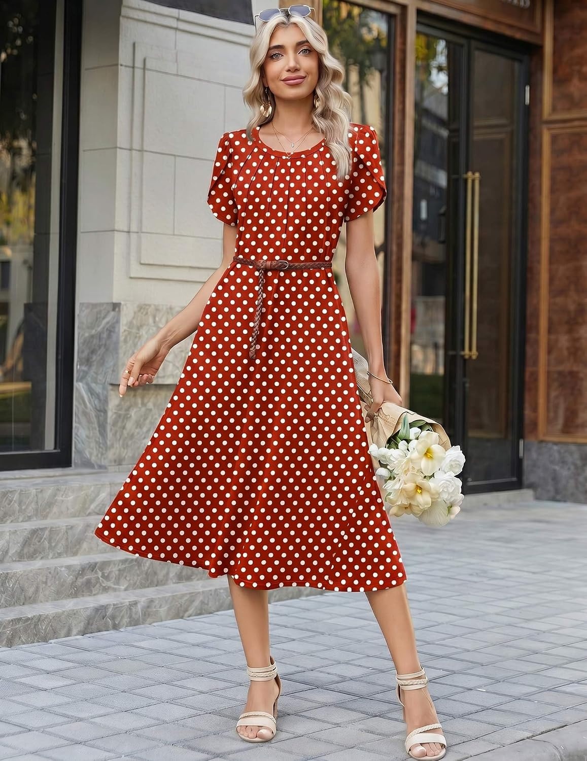 image:imageZeagoo Womens Casual Summer Dress 2026 Petal Short Sleeve Dresses with Pleats Midi A Line Flowy Dress Boho SundressRed Dot