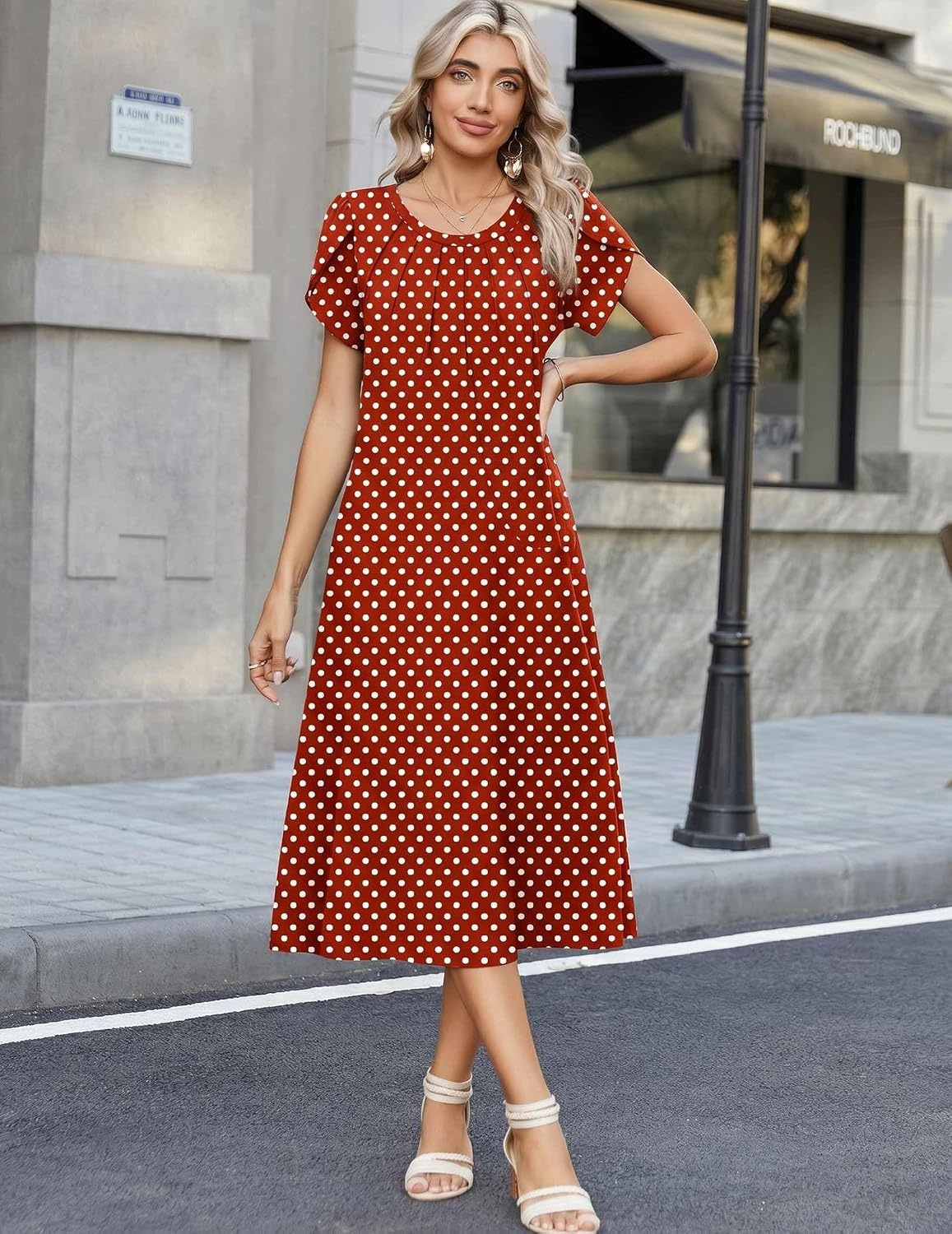 image:imageZeagoo Womens Casual Summer Dress 2026 Petal Short Sleeve Dresses with Pleats Midi A Line Flowy Dress Boho SundressRed Dot